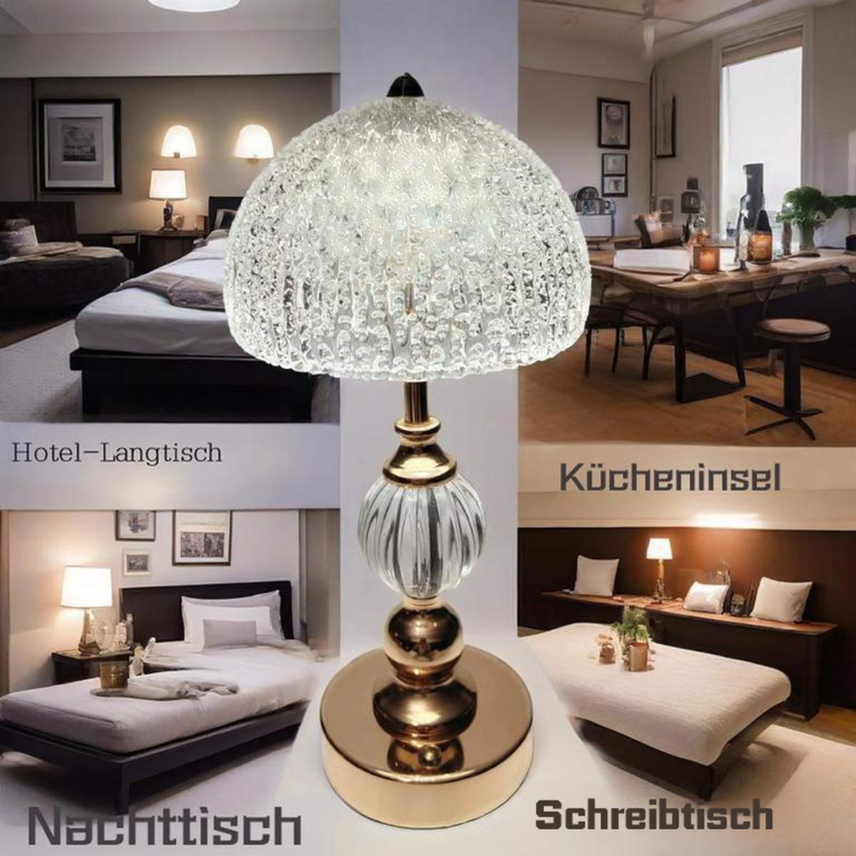 Eine Lampe mit Kristallschirm steht vor Collagen von Schlafzimmern und einer Küche.