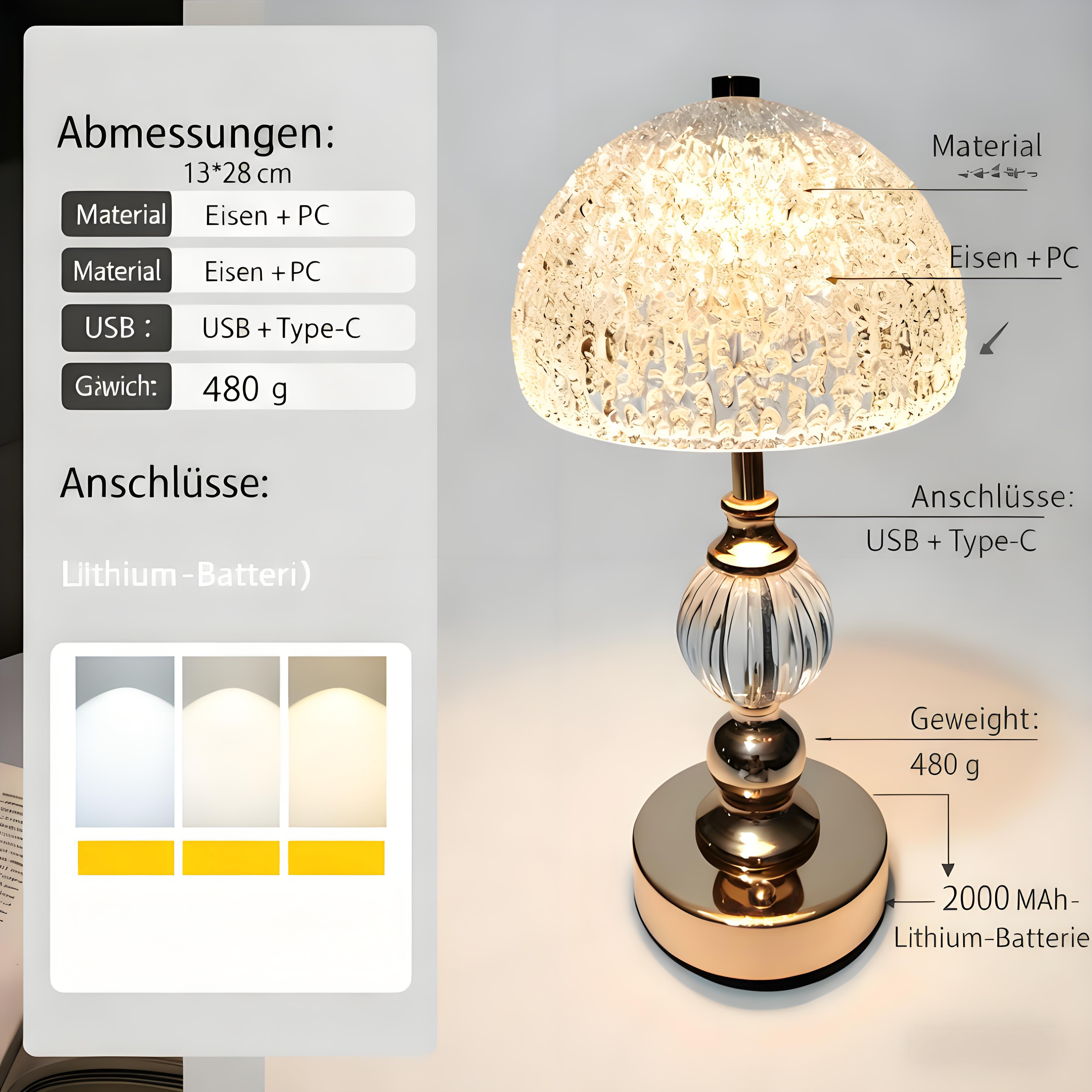 Eine Lampe mit Kristall-Lampenschirm, Metallfuß und Glasakzenten. Spezifikationen sind auf Deutsch.