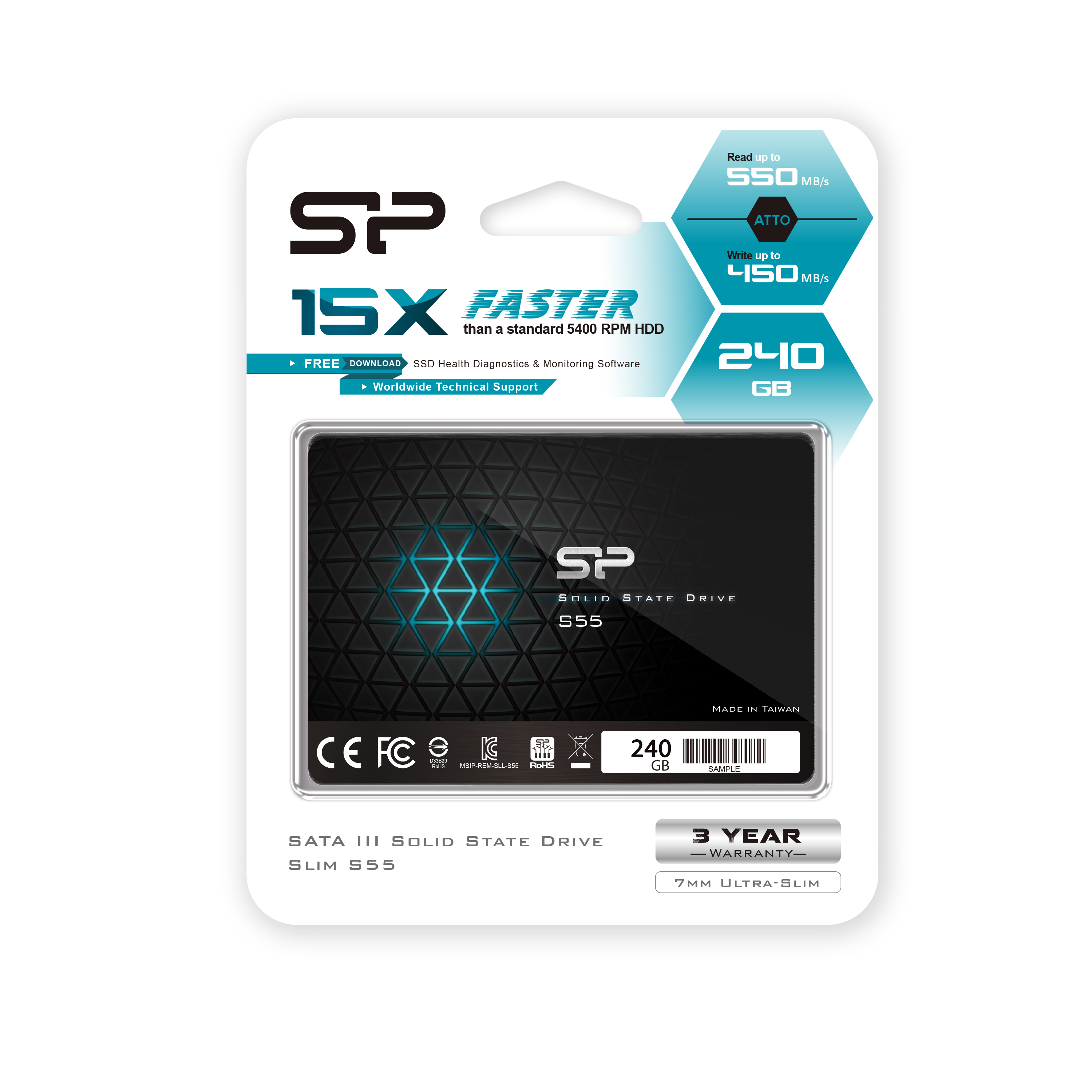 Confezione SSD SP da 240 GB con specifiche di velocità e garanzia.