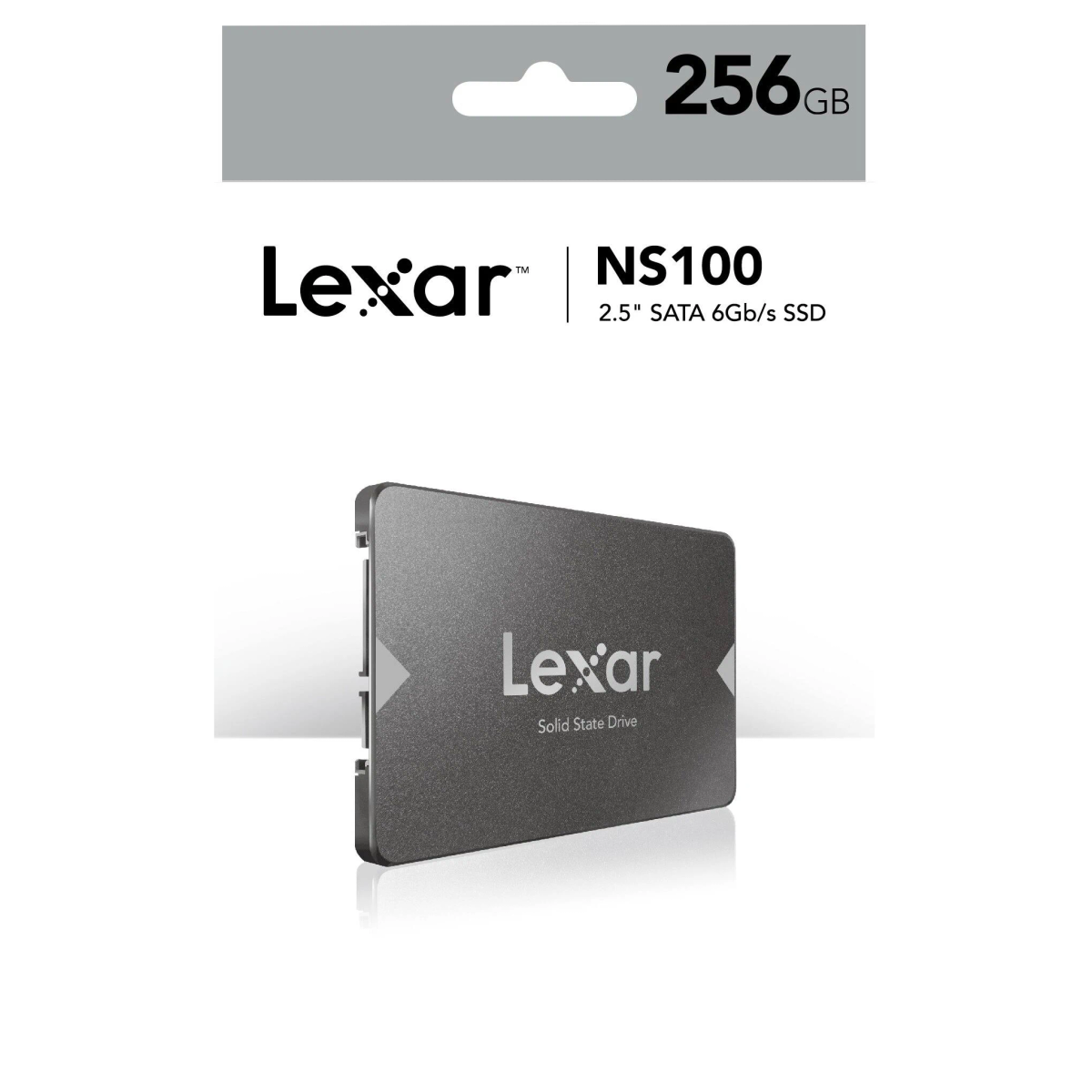 Lexar NS100 256GB 2,5-Zoll SATA SSD in silberner Verpackung mit Produktabbildung.