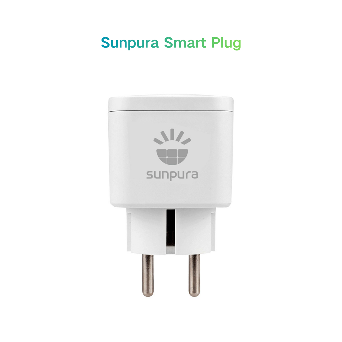 Ein weißer Sunpura Smart Plug mit zwei Metallstiften.