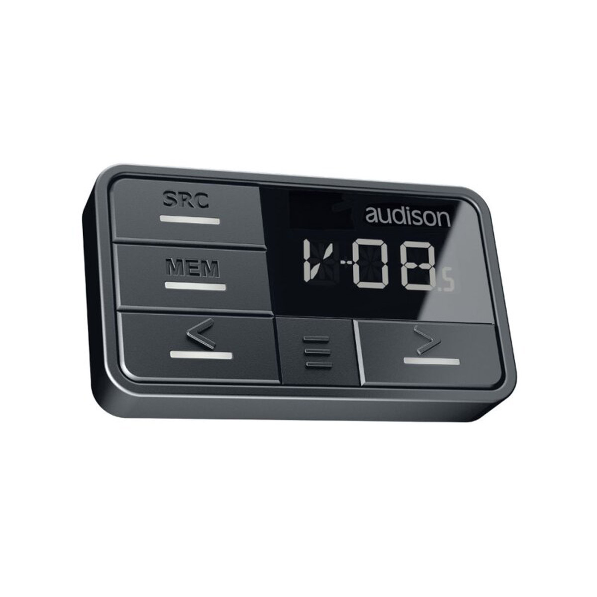 Schwarzer Audison-Controller mit digitalem Display und Tasten.
