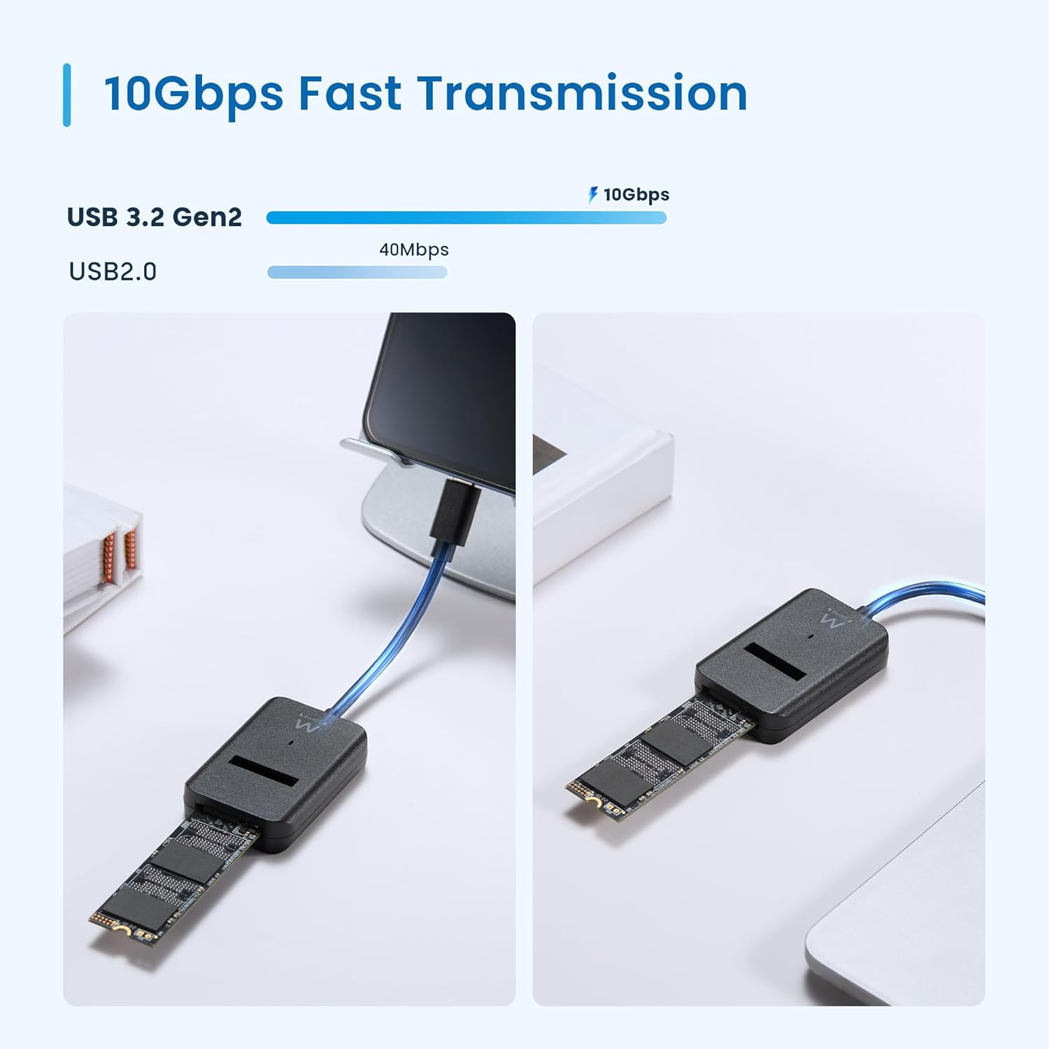 Custodia USB 3.2 Gen2 con SSD NVMe collegata a telefono e laptop.