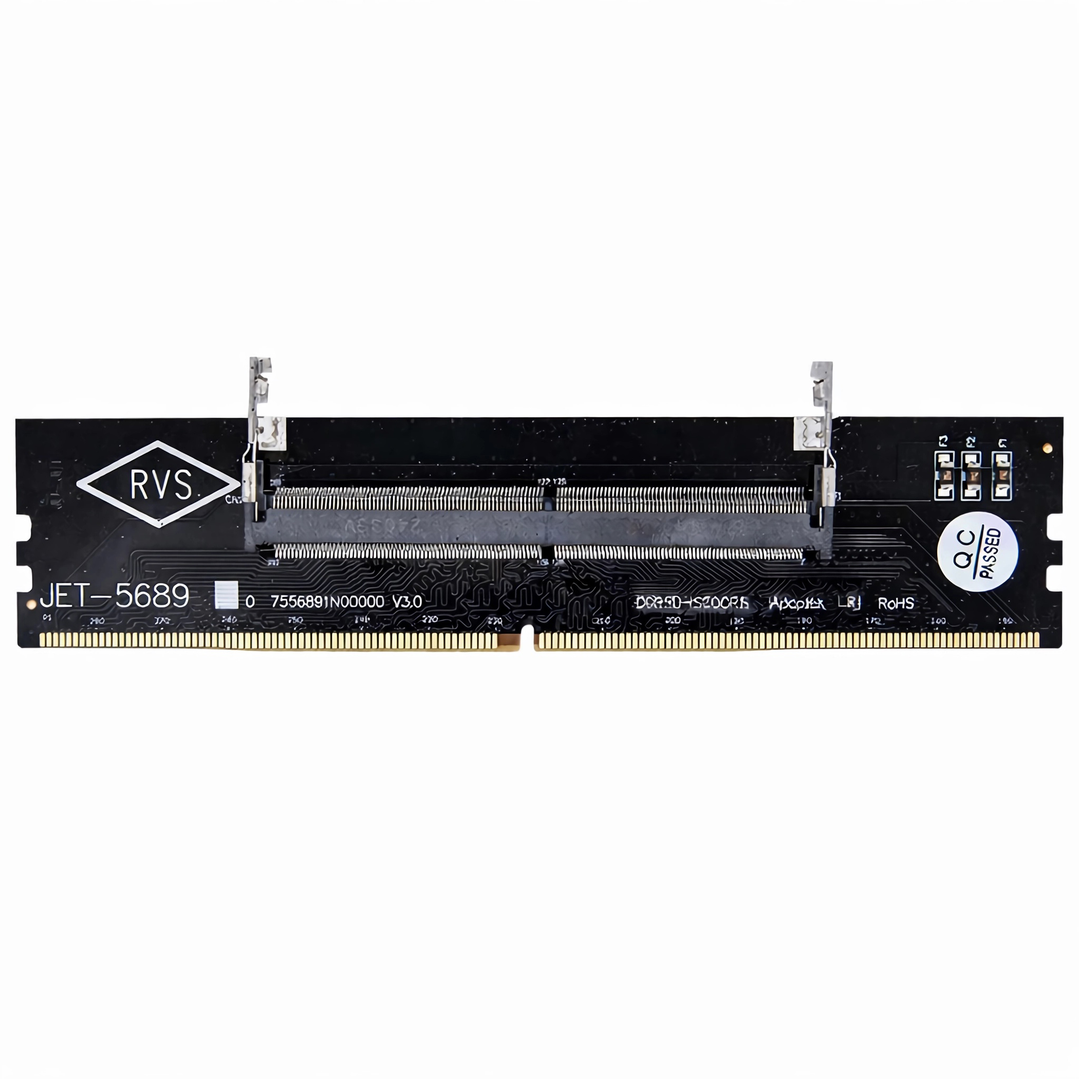 Schwarzes RAM-Modul mit goldfarbenen Kontakten und RVS-Logo. QC-Aufkleber.