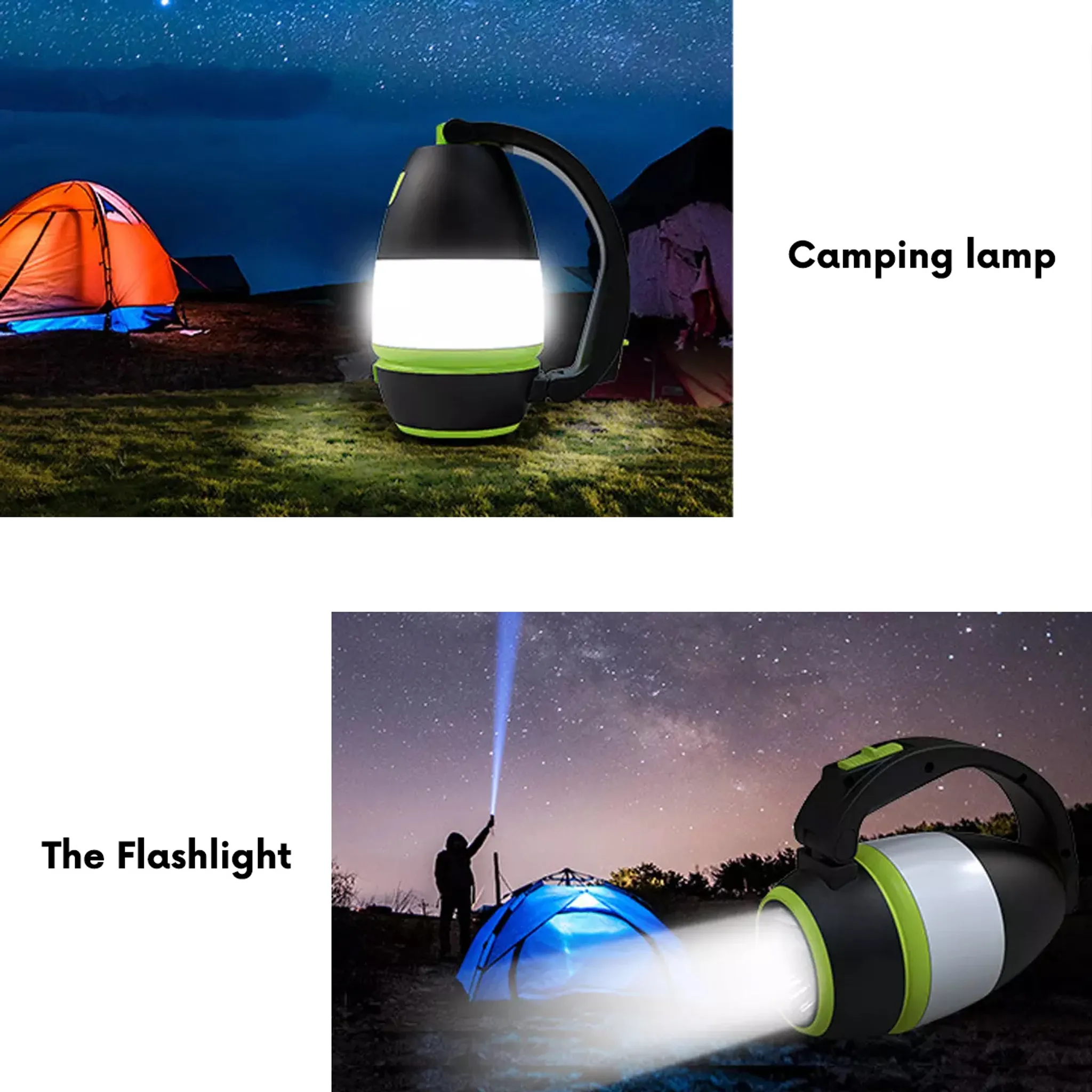 Eine Campinglaterne beleuchtet bei Nacht eine orangefarbene und eine dunkle Zeltlandschaft.