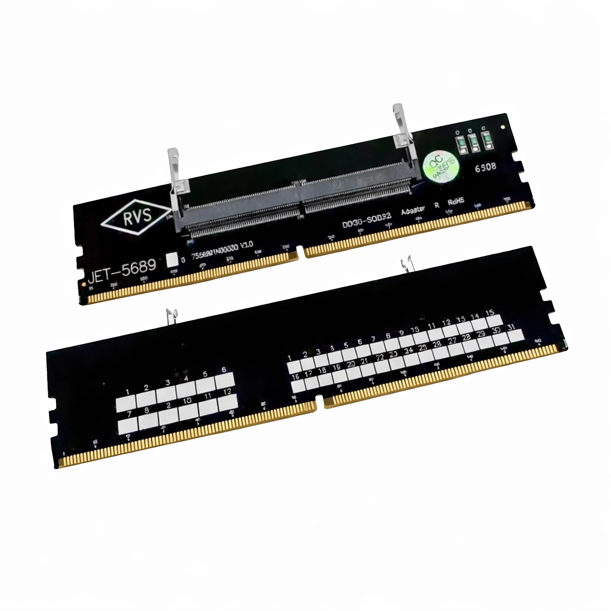 Zwei schwarze Computer-RAM-Adapter mit goldenen Kontakten und Beschriftungen.