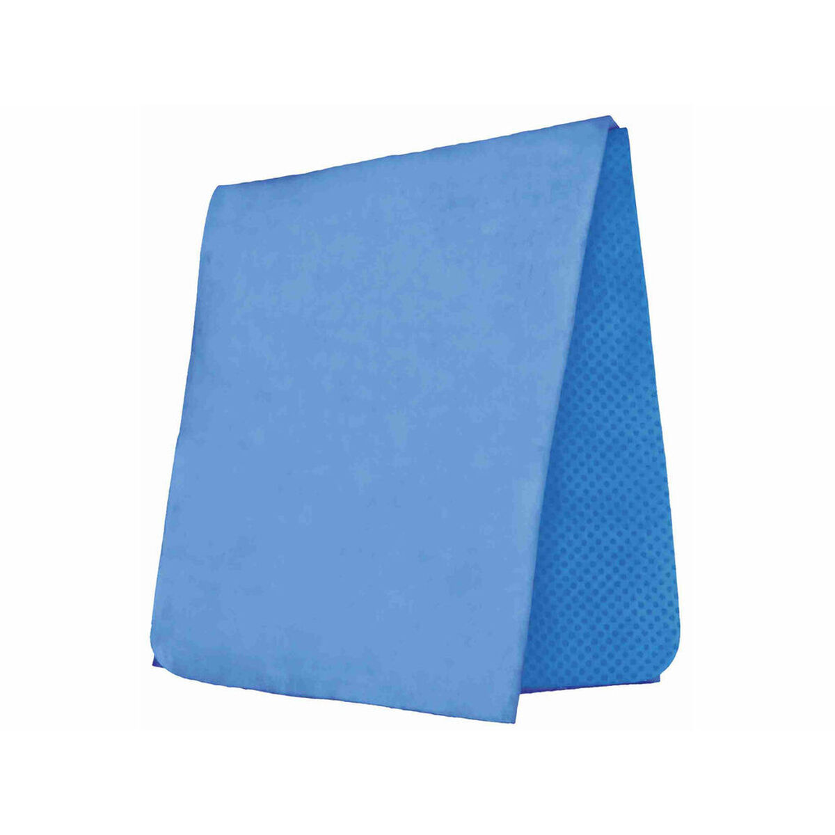 Un panno blu piegato, un lato liscio, l'altro con motivo a pois.
