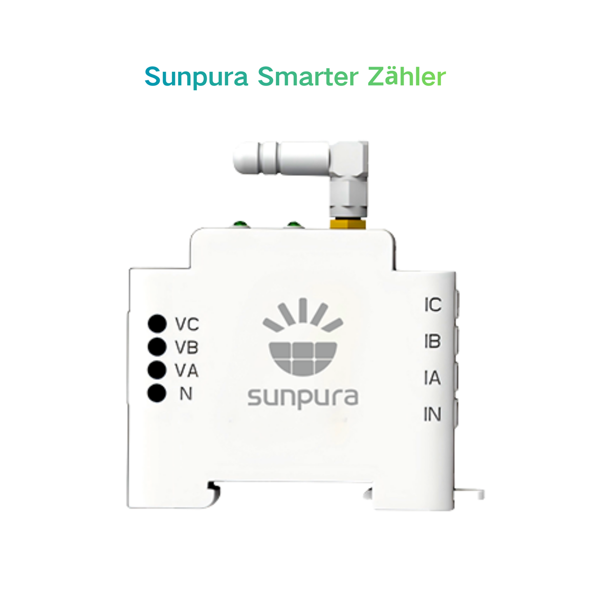 Ein weißes Sunpura Smart Meter mit Antenne und Beschriftungen.