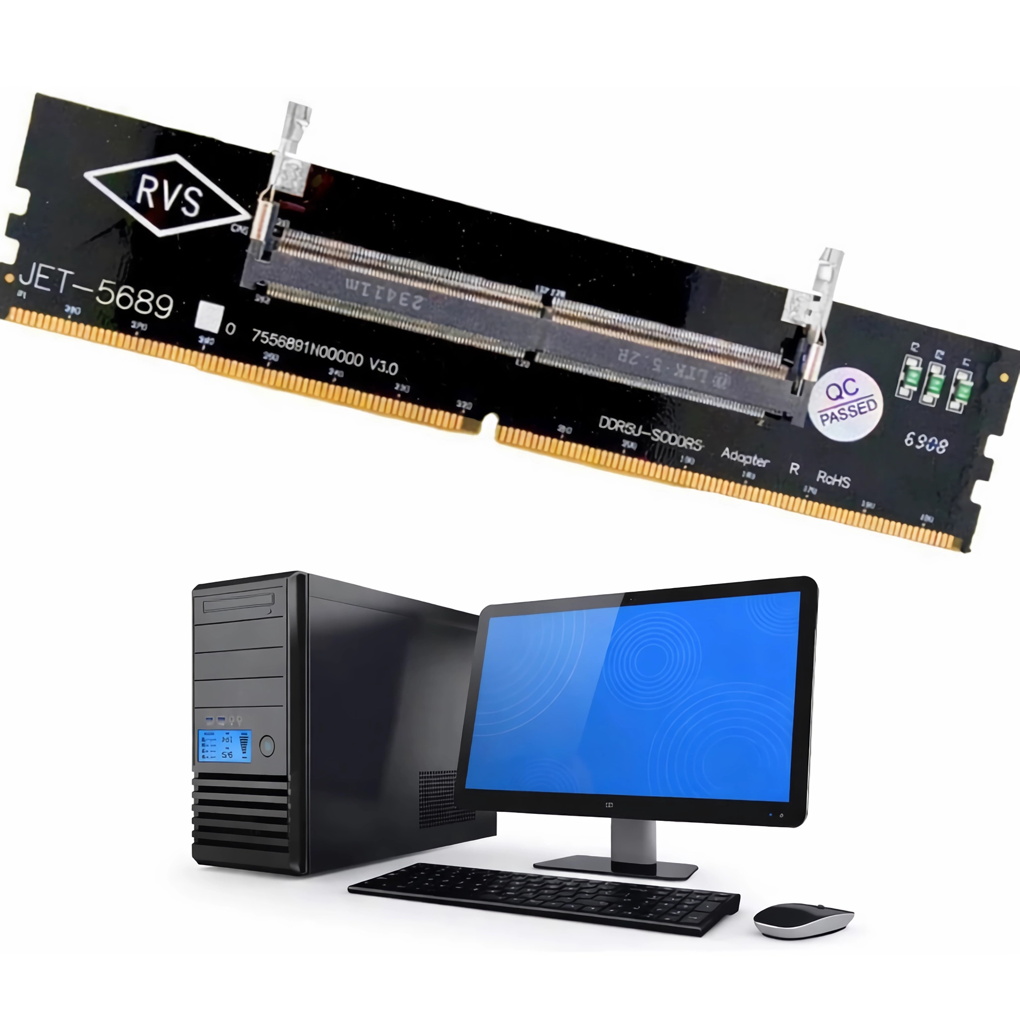 Ein Computergehäuse, Monitor, Tastatur, Maus und ein RAM-Modul.
