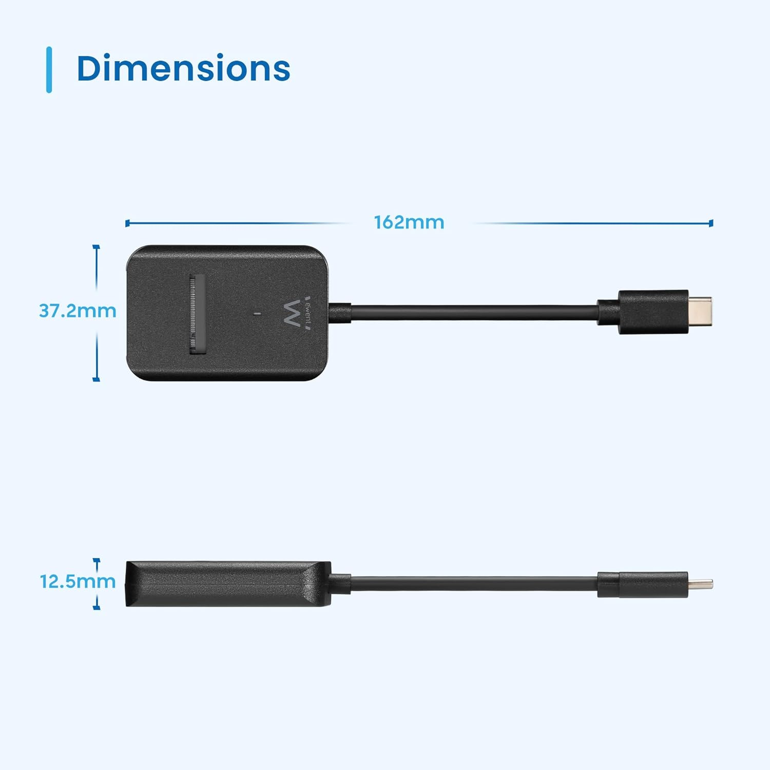 Adattatore nero con connettori USB-C e USB-A. Dimensioni: 162mm L, 37,2mm L, 12,5mm A.