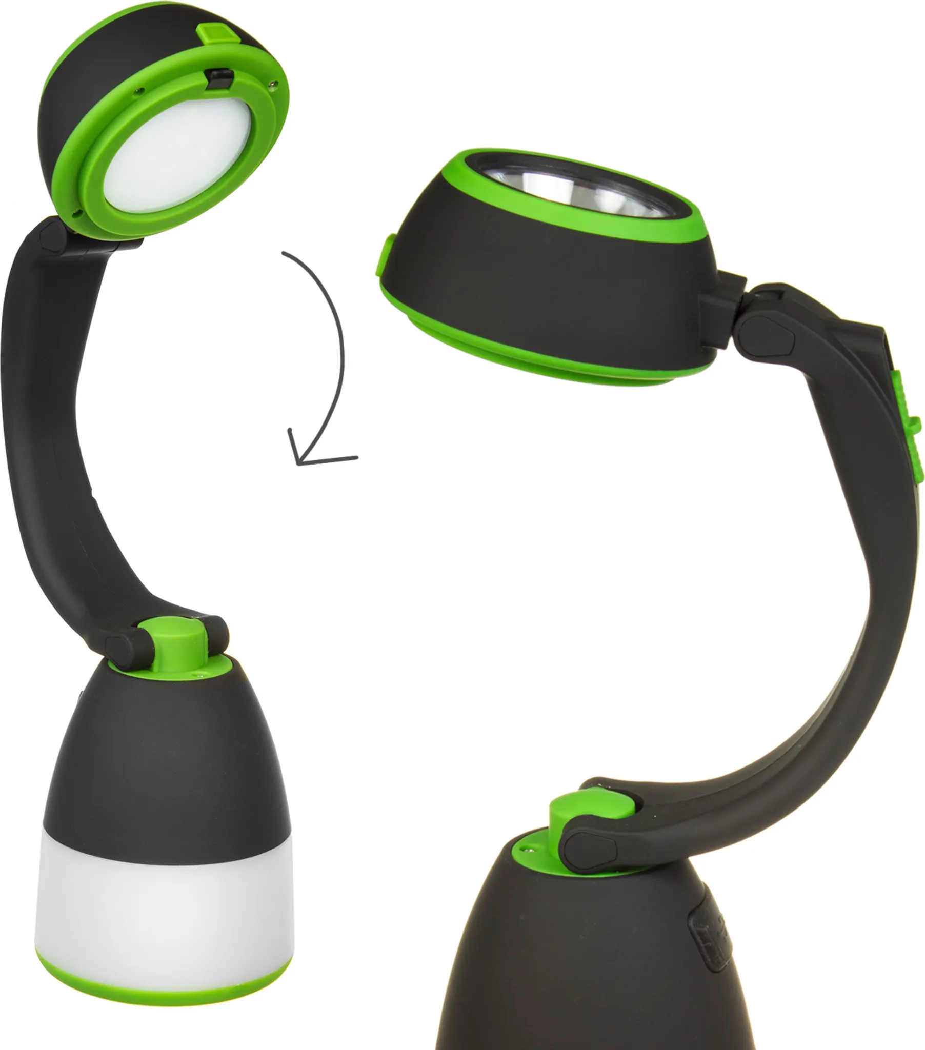 Zwei schwarz-grüne LED-Lampen mit flexiblen Armen und weißem Licht.