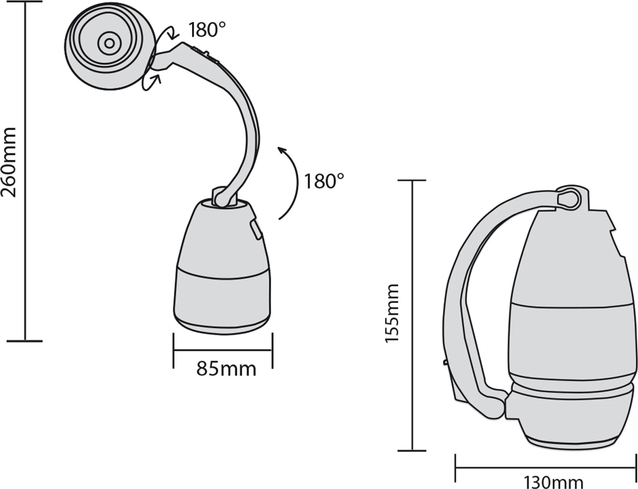 Technische Zeichnung einer Lampe mit Maßen. Links eine Ansicht von vorne, rechts eine Seitenansicht.