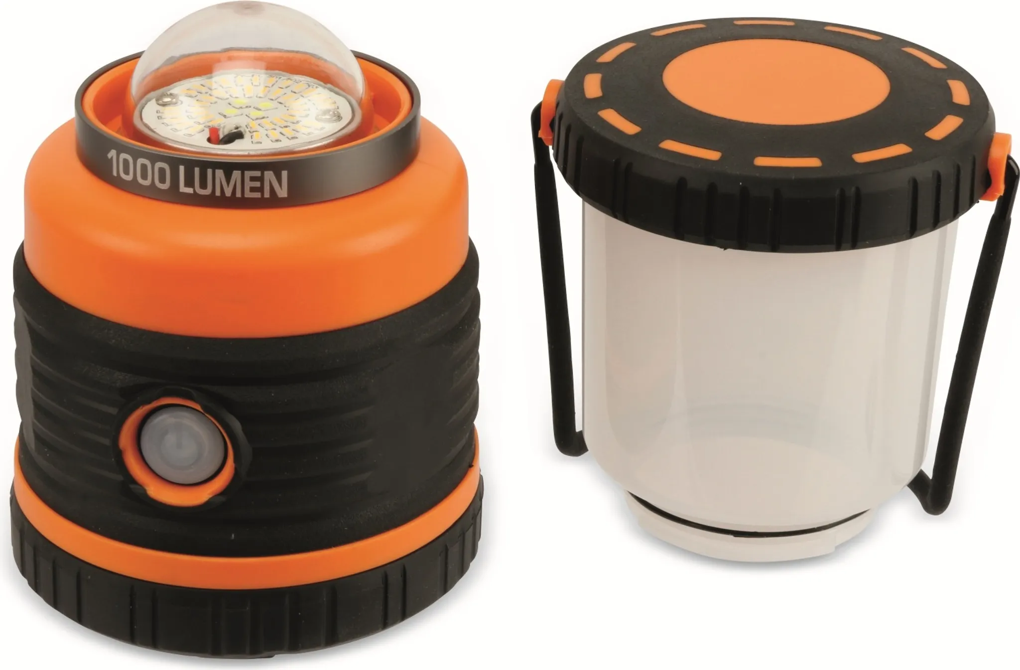 Zwei Laternen: eine orange/schwarze mit 1000 Lumen und eine weiße mit Henkel.