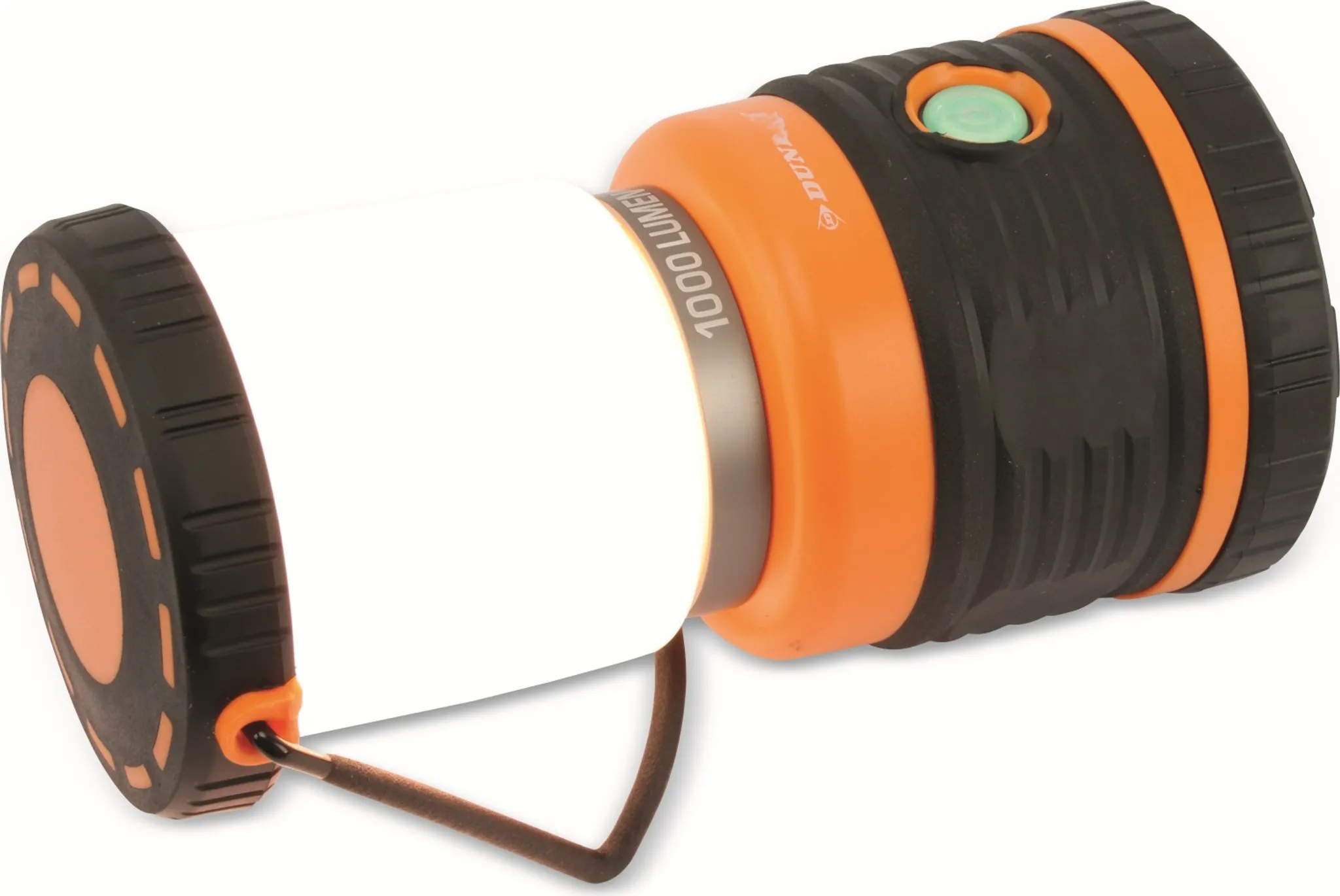 Eine orange-schwarze Lampe mit 1000 Lumen und Trageschlaufe.