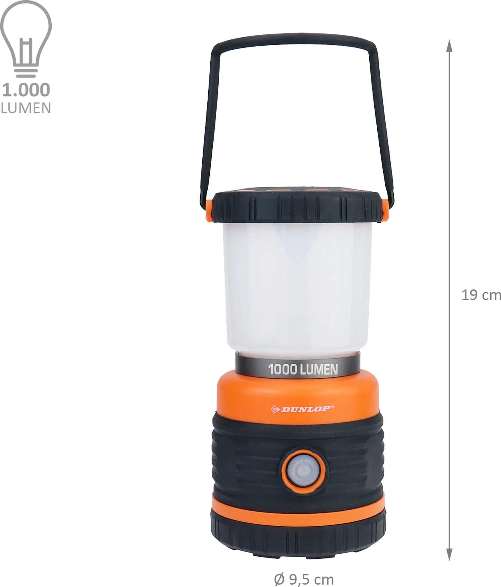 Eine orange-schwarze Laterne mit 1000 Lumen, 19 cm hoch, 9,5 cm Durchmesser.