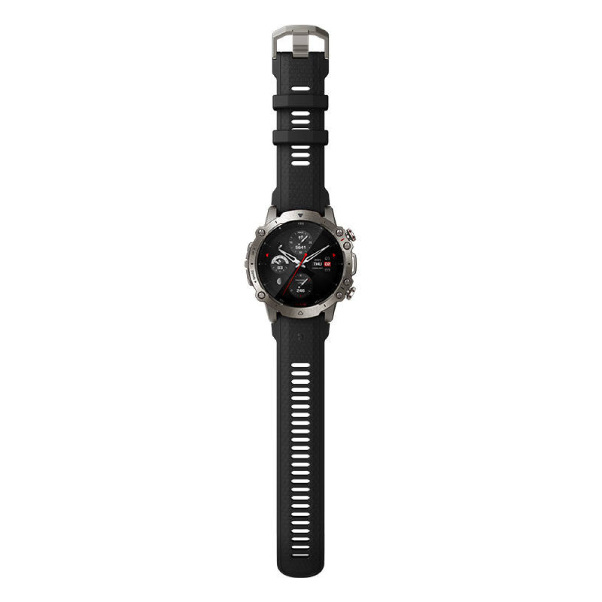 Smartwatch nero con cassa e cinturino argentati, su sfondo bianco.