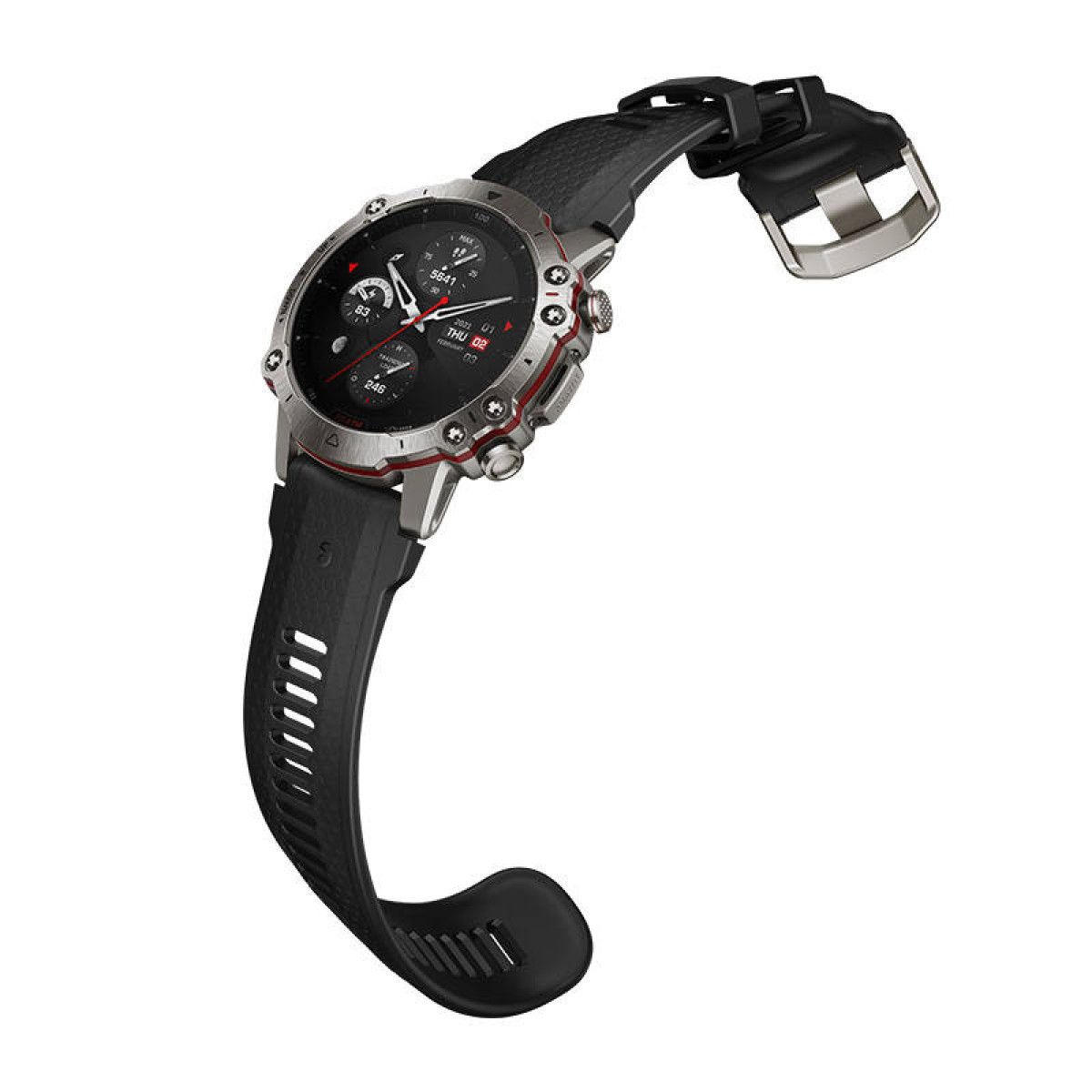 Uno smartwatch nero con cassa argentata e accenti rossi su sfondo bianco.