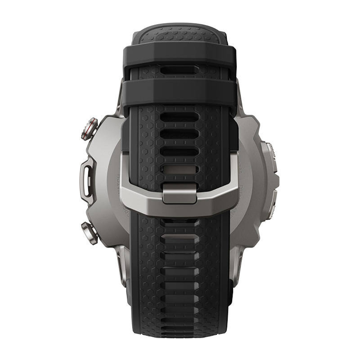 Orologio intelligente grigio con cinturino nero e fibbia argentata. Vista ravvicinata.