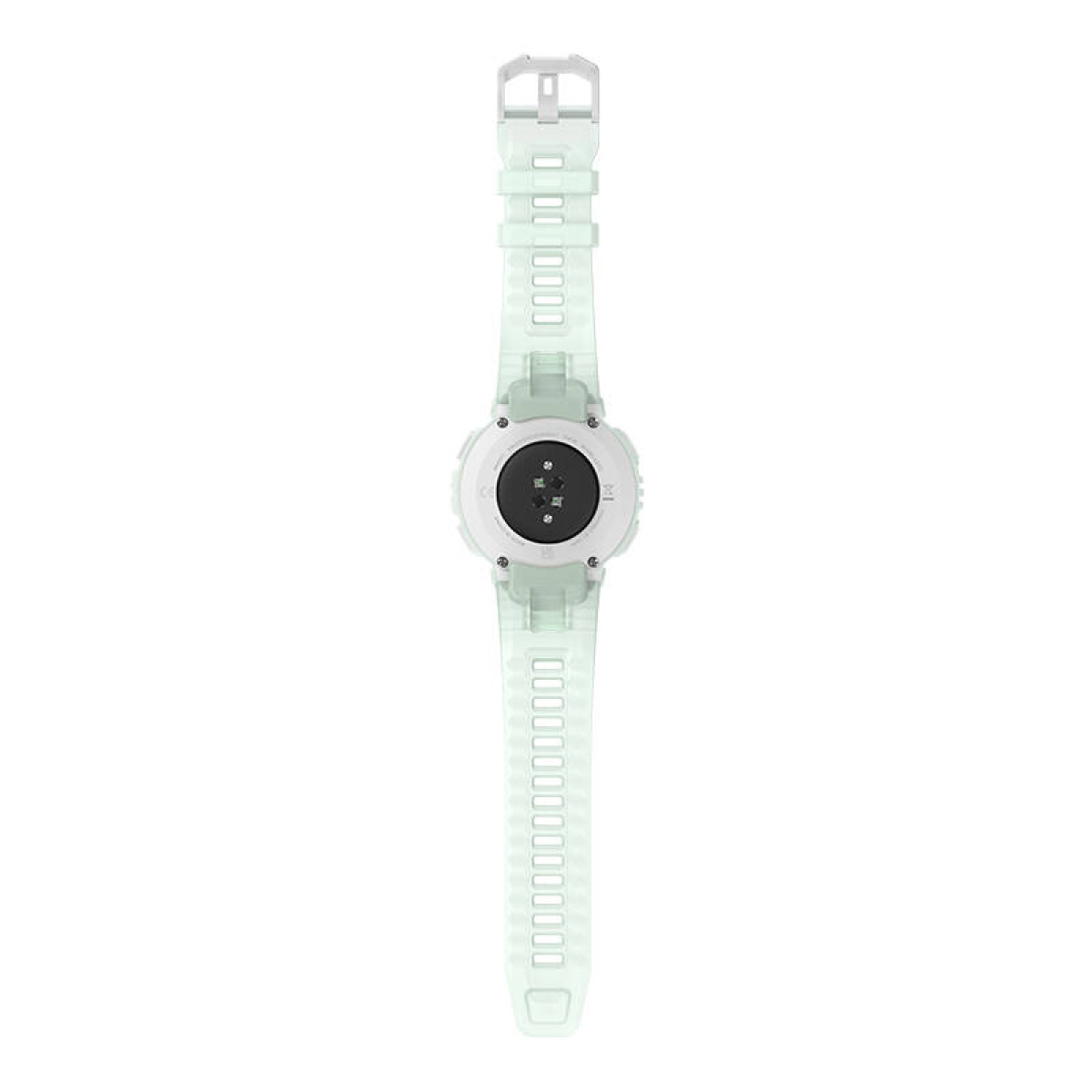 Ein hellgrünes Smartwatch-Armband mit Unterseite und Schnalle auf weißem Hintergrund.