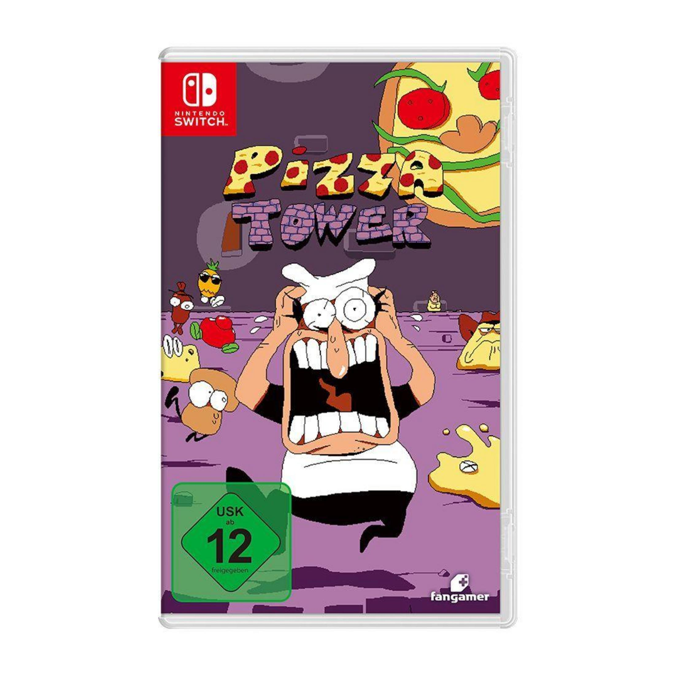 Pizza Tower-Spielcover für Nintendo Switch mit einer gestressten Kochfigur.