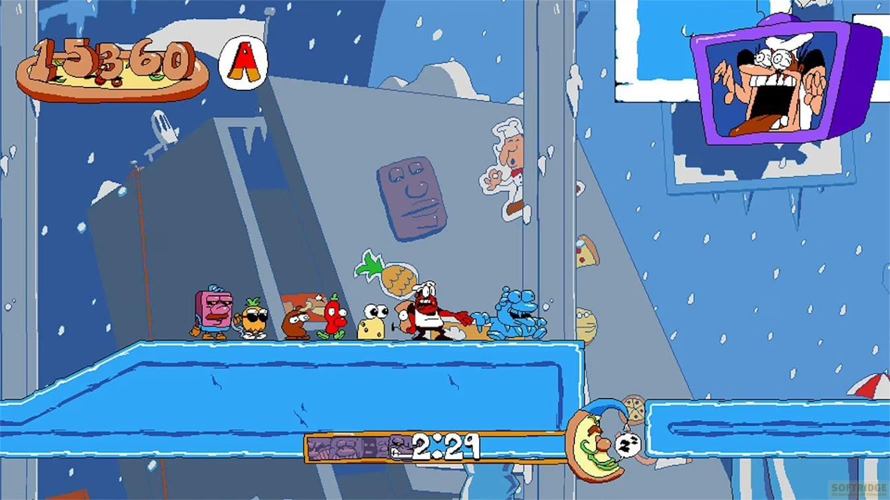 Zeigt eine Spielszene mit Cartoon-Charakteren auf blauen Plattformen, Schnee fällt.