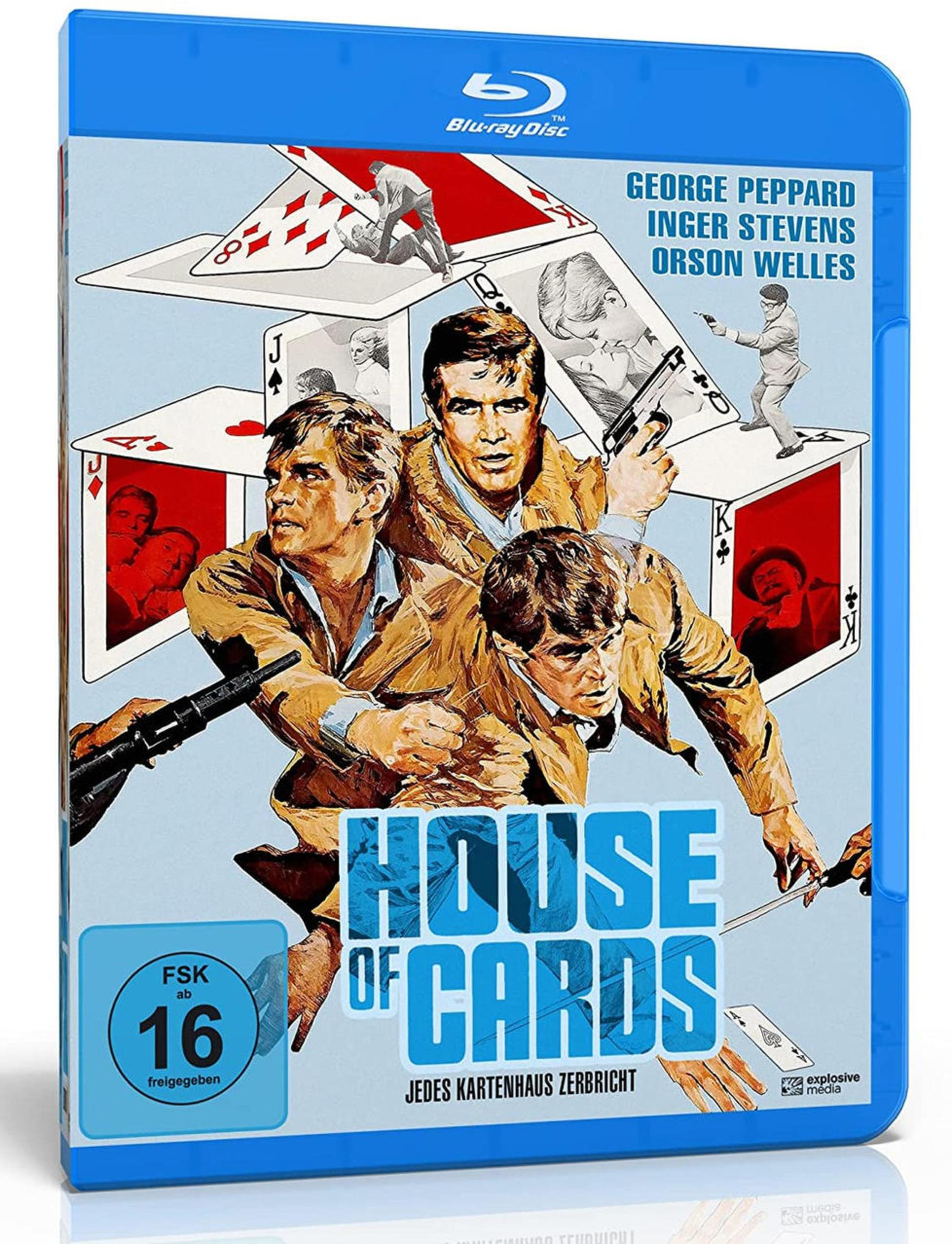 Copertina Blu-ray "House of Cards" con tre uomini in primo piano, motivo di carte da gioco.