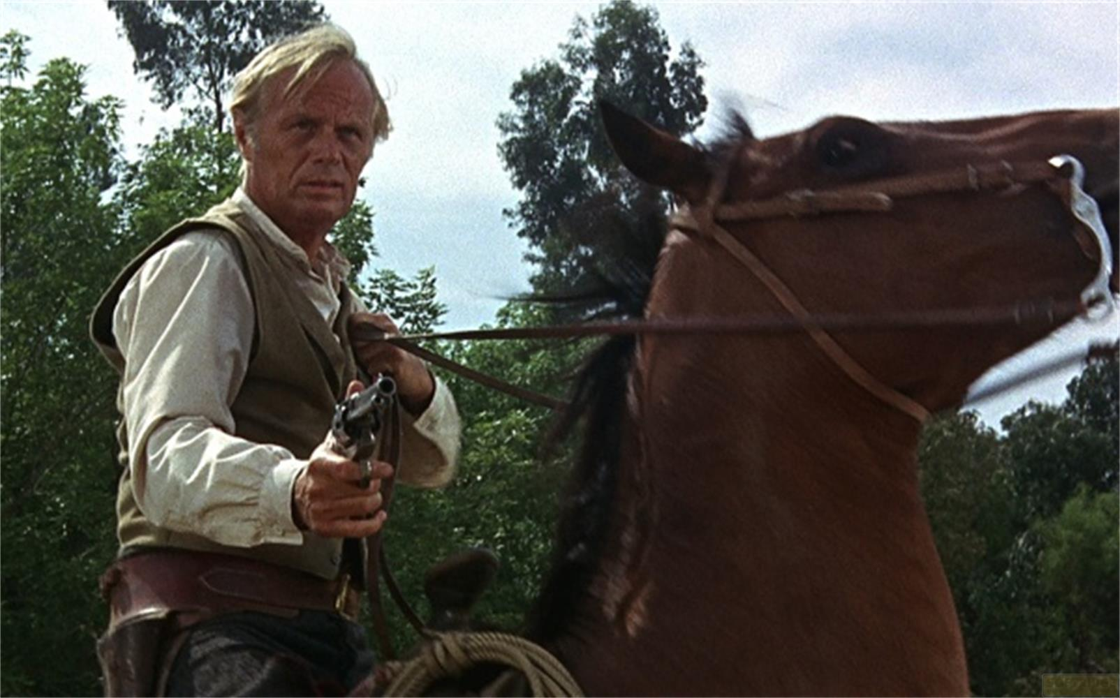 Un uomo a cavallo tiene una pistola, alberi sullo sfondo.