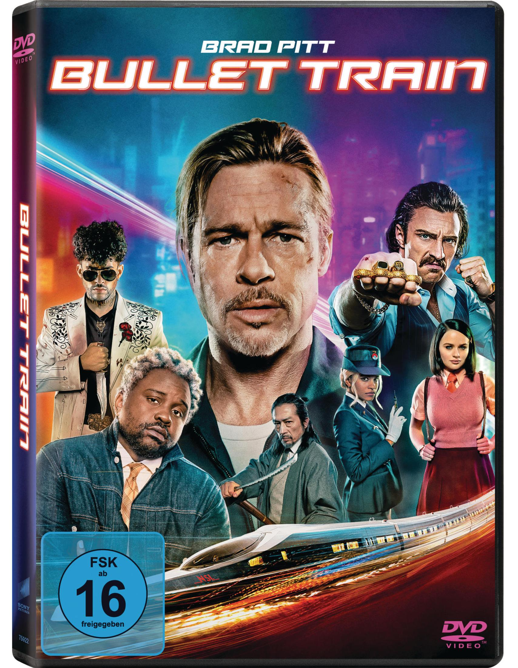 Filmplakat "Bullet Train" mit Brad Pitt und Ensemble vor einem fahrenden Zug.