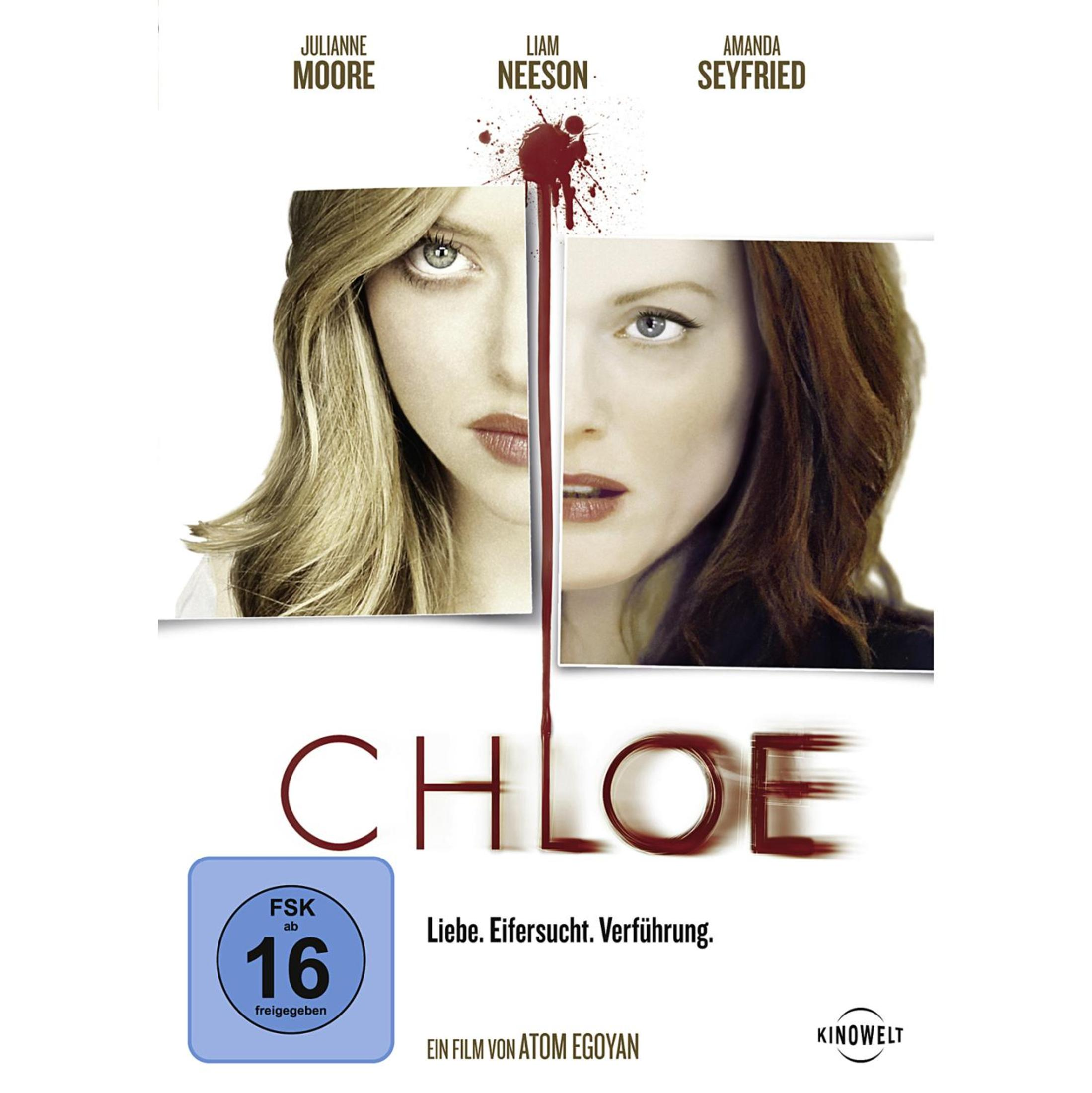 Zwei Gesichter, Blutspritzer, Titel CHLOE, FSK 16, Kinowelt Logo.