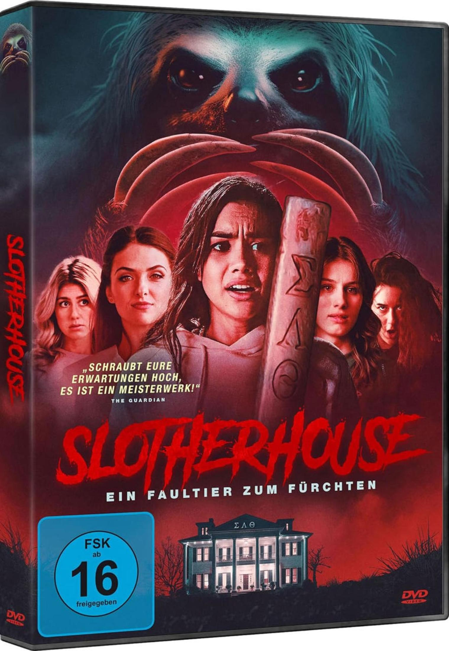 Copertina DVD film horror: grande faccia di bradipo, giovani donne e una casa.