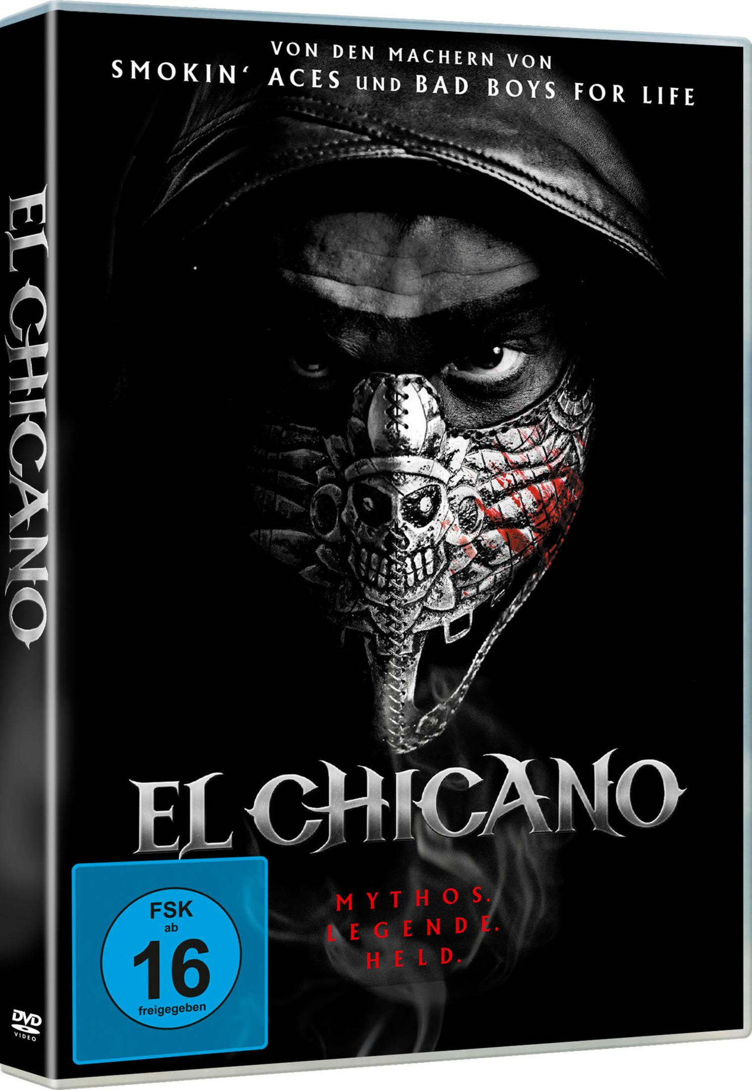 Ein Mann mit Totenkopfmaske und Kapuze, Titel "El Chicano".