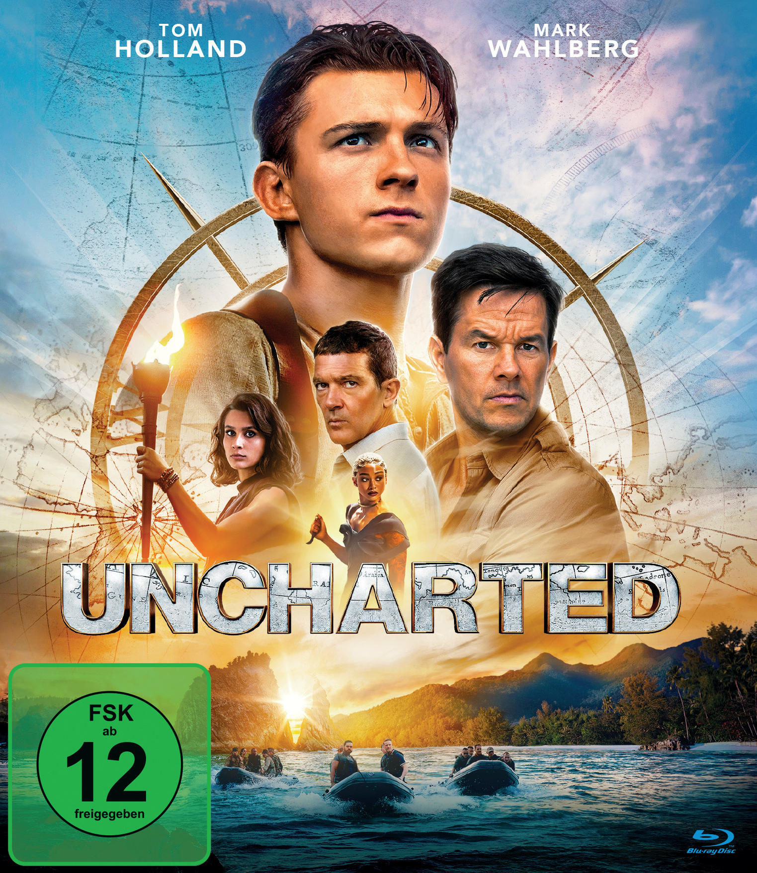 Uncharted Filmplakat mit Tom Holland, Mark Wahlberg, Antonio Banderas und Sophia Ali.