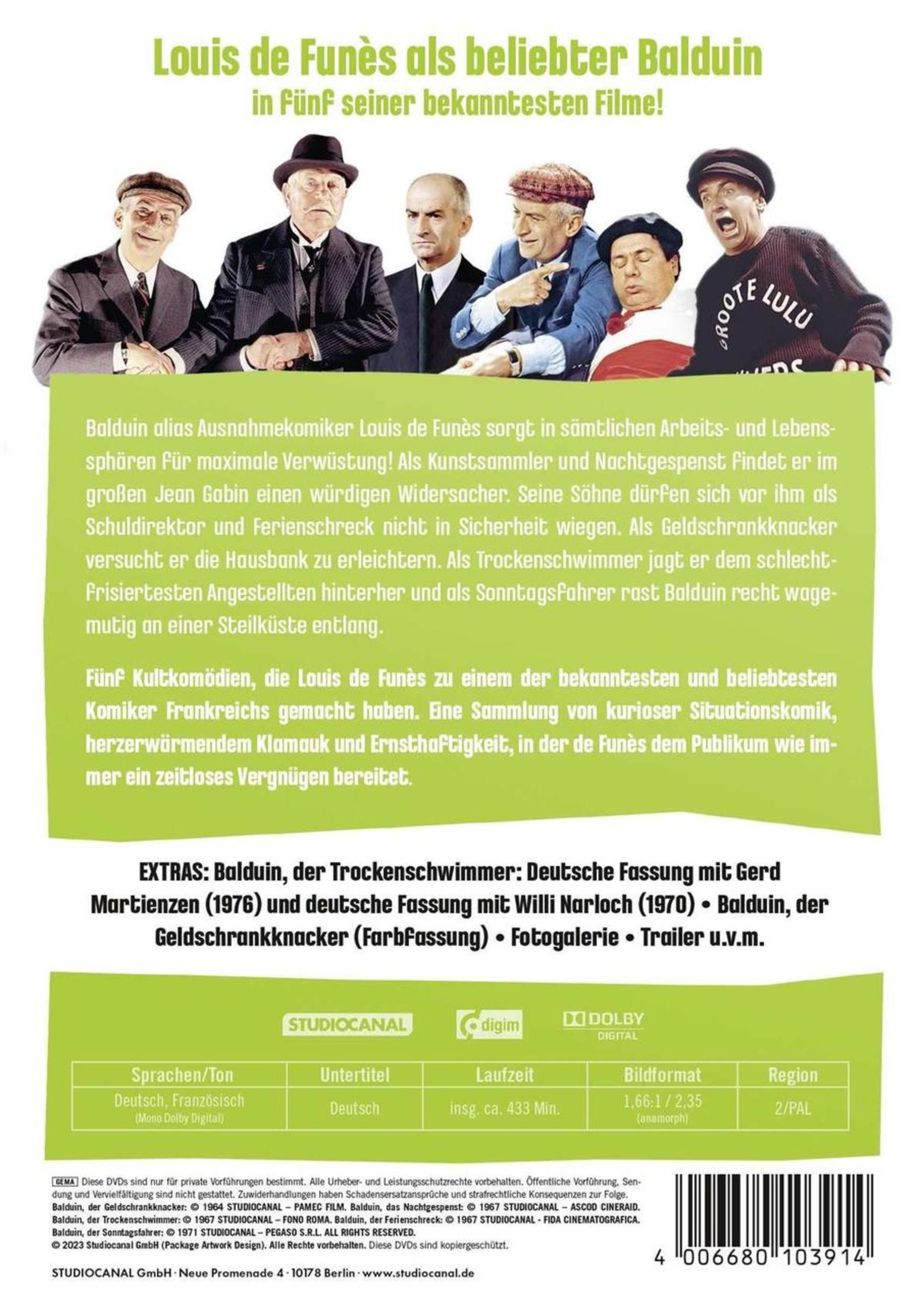 Cinque film di Louis de Funès nei panni di Balduin: quattro uomini in giacca e uno in blazer blu.