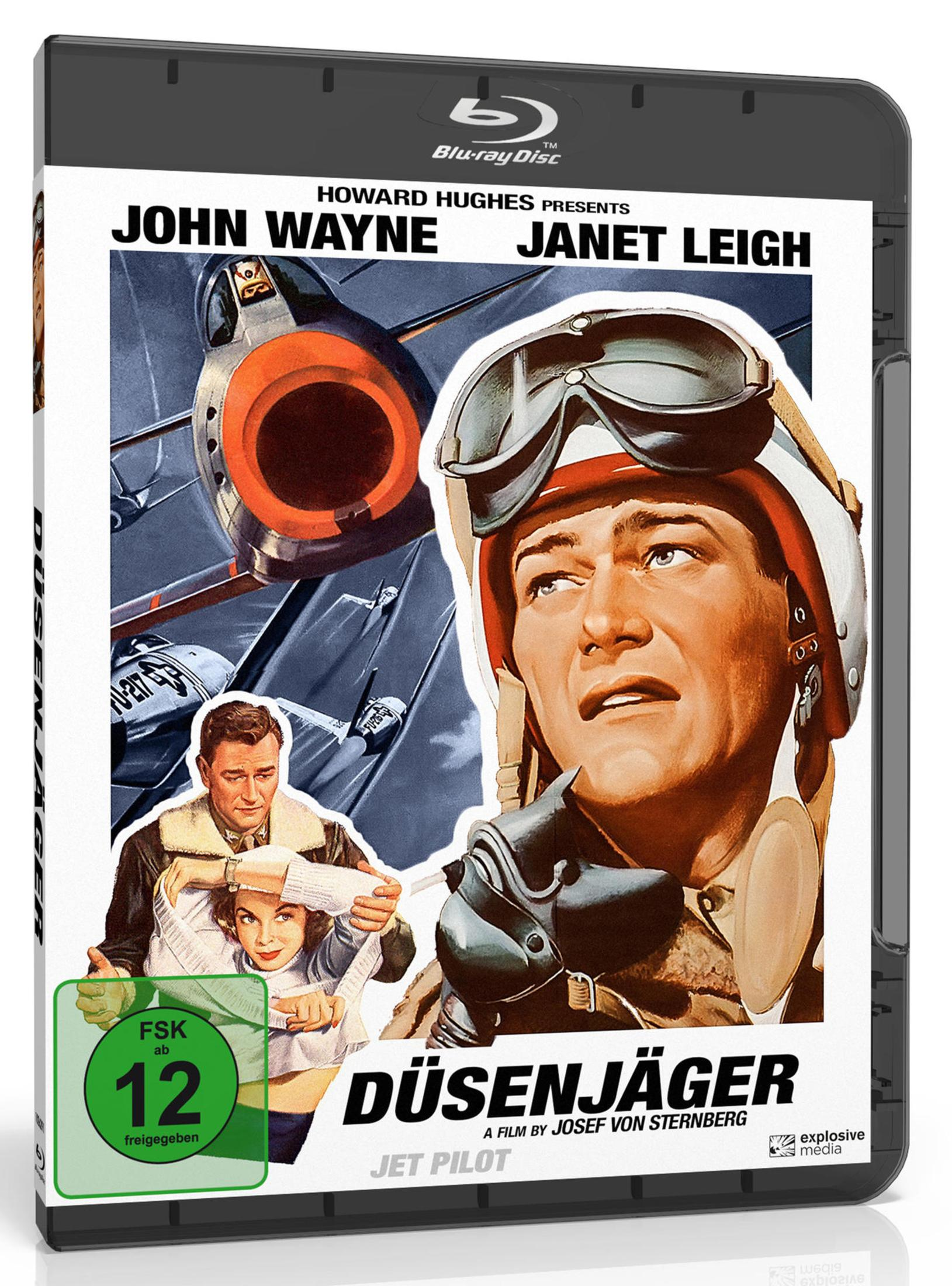 Poster del film Jet Pilot con John Wayne, Janet Leigh e aerei.
