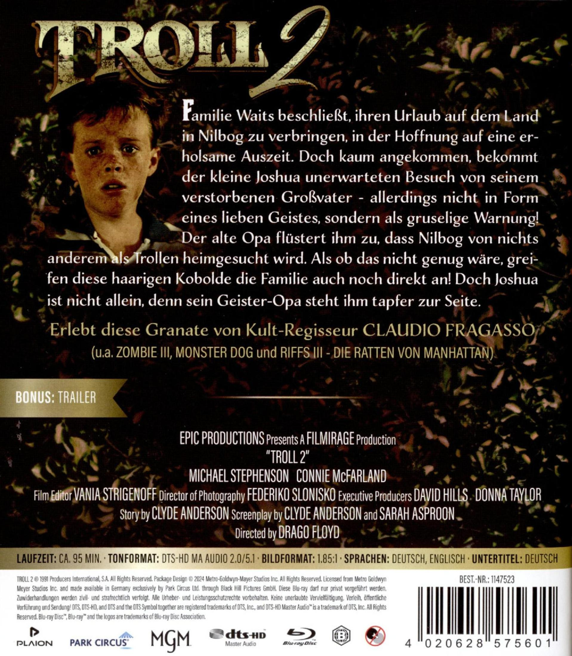 La copertina Blu-ray di "Troll 2" mostra un ragazzo e dettagli del film.