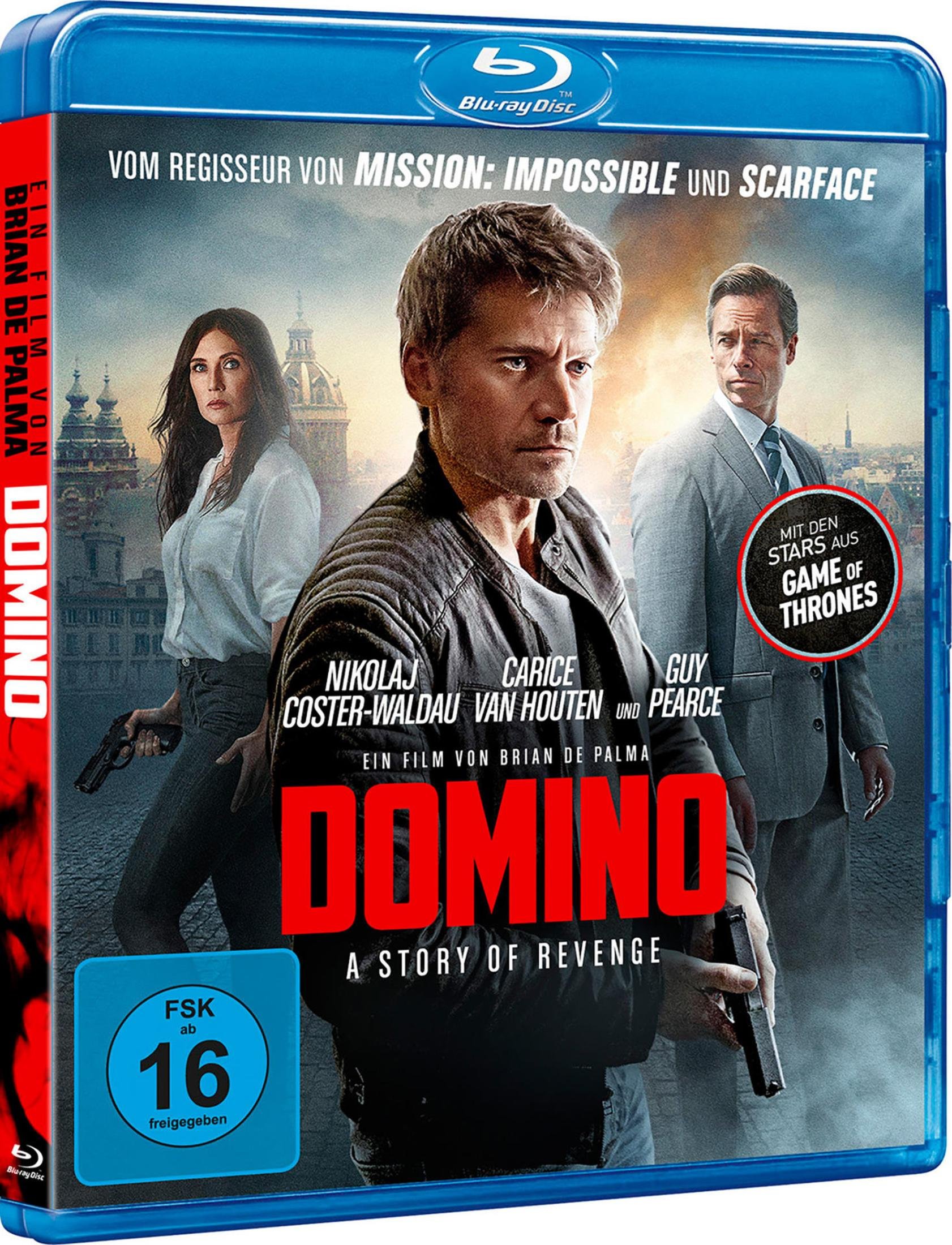 Copertina Blu-ray: Tre persone con pistole, titolo DOMINO, FSK 16.