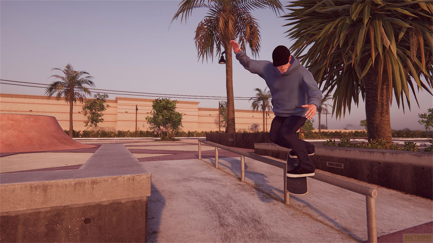 Un skateur en sweat bleu glisse sur un rail dans un skatepark avec des palmiers.