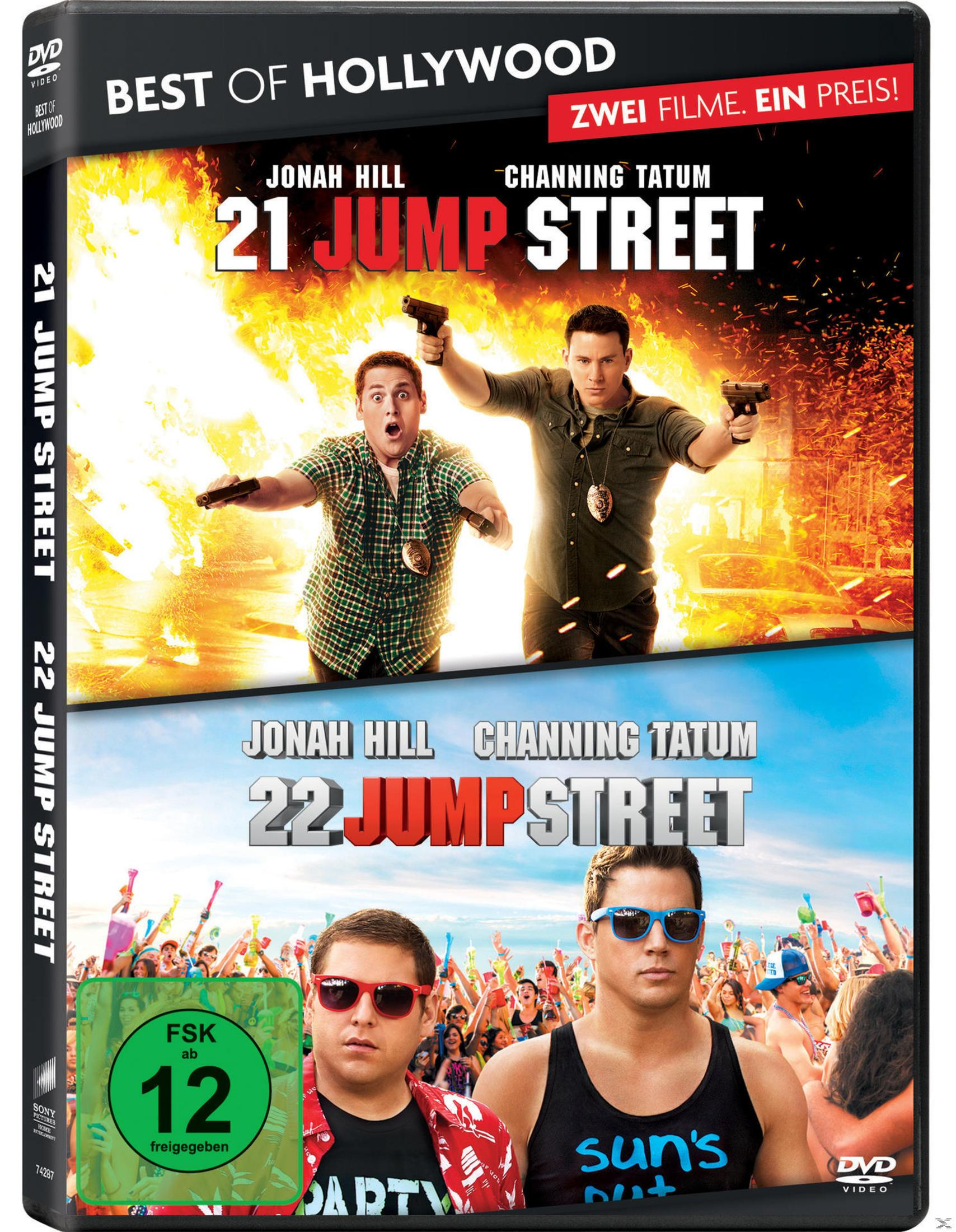 Copertina DVD con '21 Jump Street' e '22 Jump Street'. Sopra: Jonah Hill e Channing Tatum con armi nel fuoco.