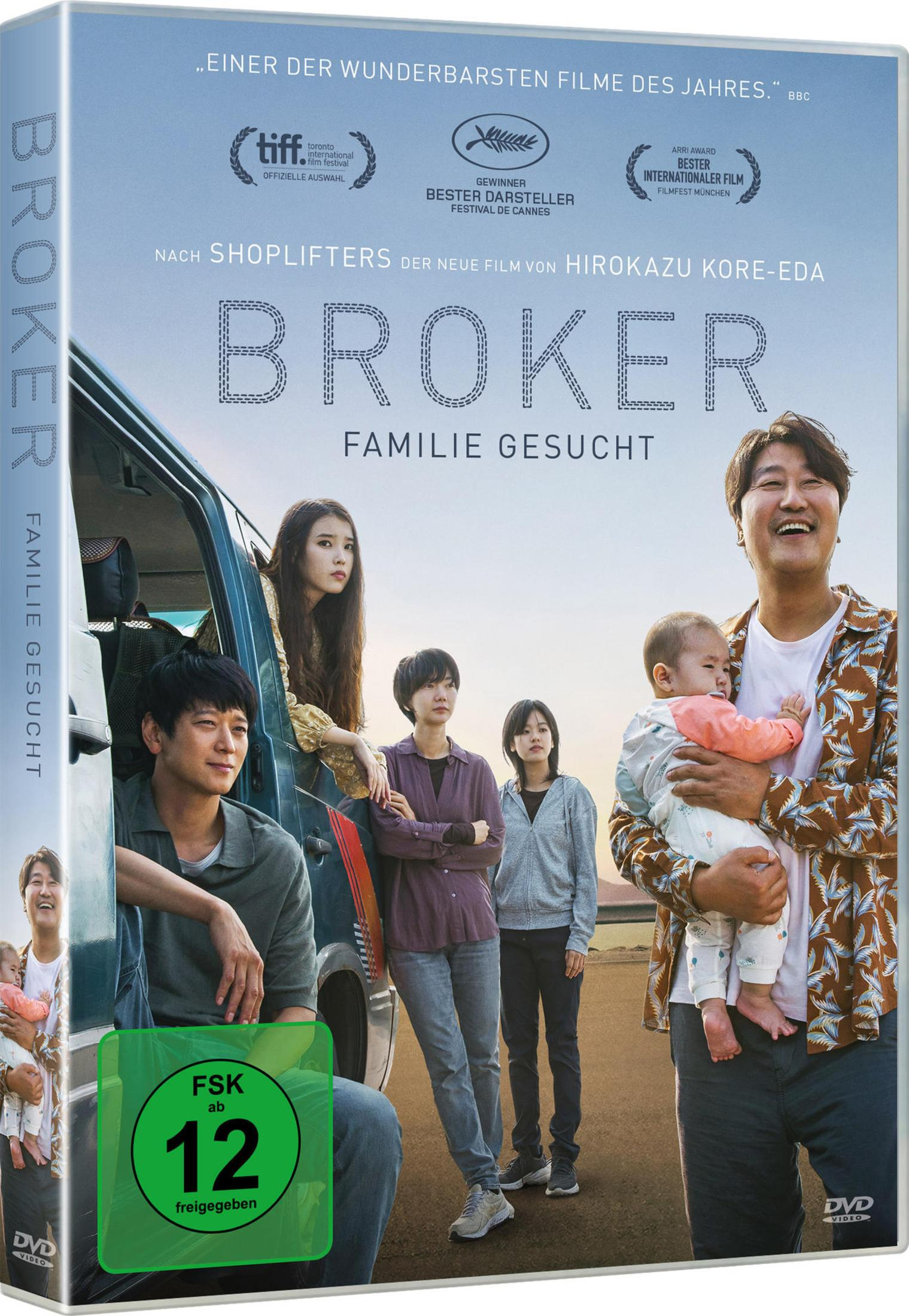 Filmplakat: Gruppe von Menschen und ein Baby vor einem Auto, Titel 'Broker'.