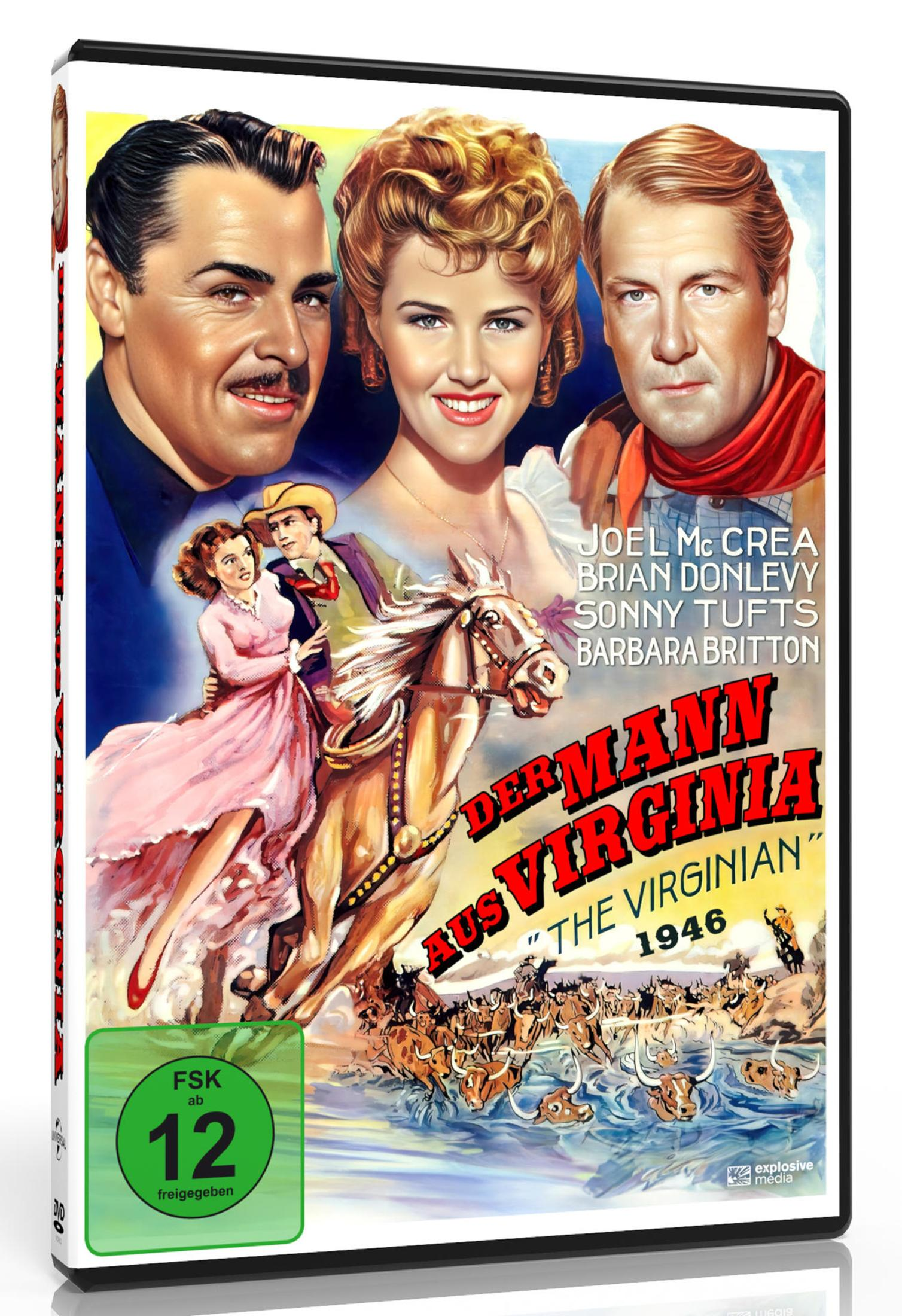 Copertina del DVD di "Il Virginiano" con tre attori principali, un cowboy a cavallo con una donna e una mandria di bovini.