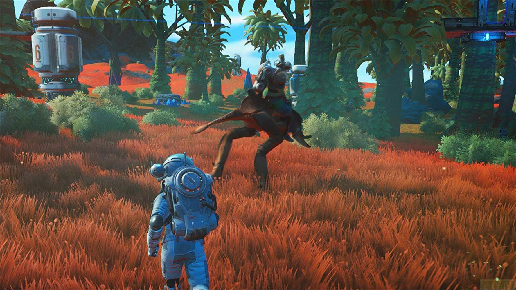 Un astronaute fait face à une créature dans un paysage d'herbe orange.