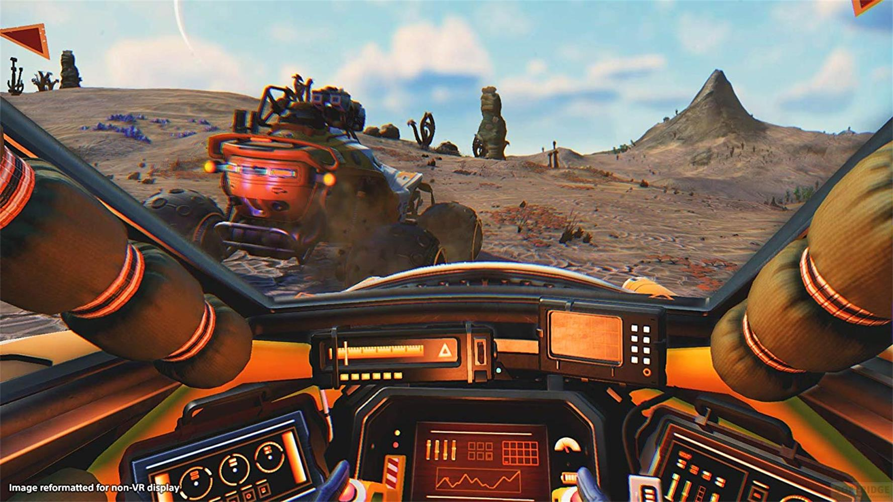 Vue du cockpit sur paysage extraterrestre avec véhicule.