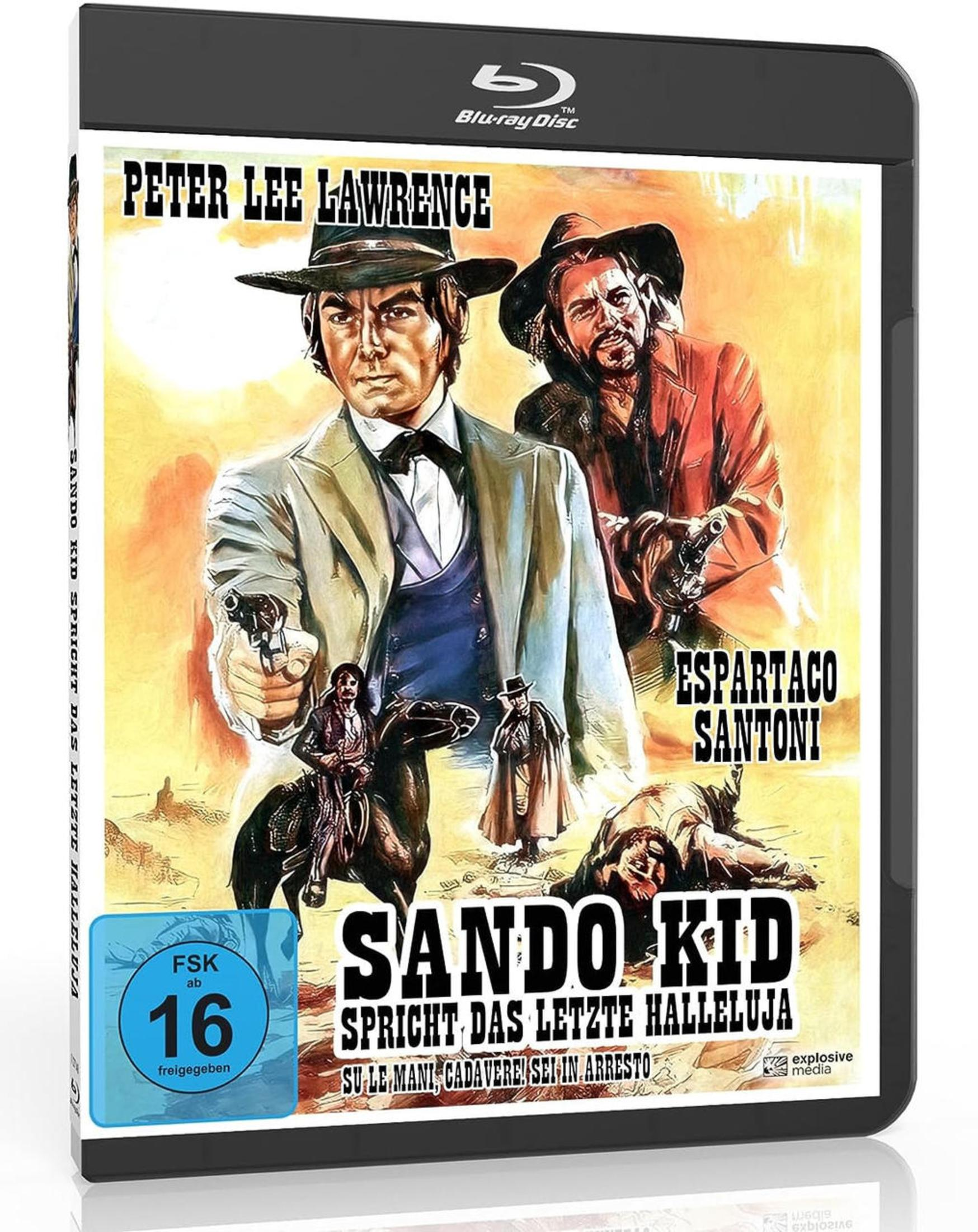 Western-Filmcover: Zwei Männer mit Waffen, ein Mann zu Pferd, ein liegender Mann.