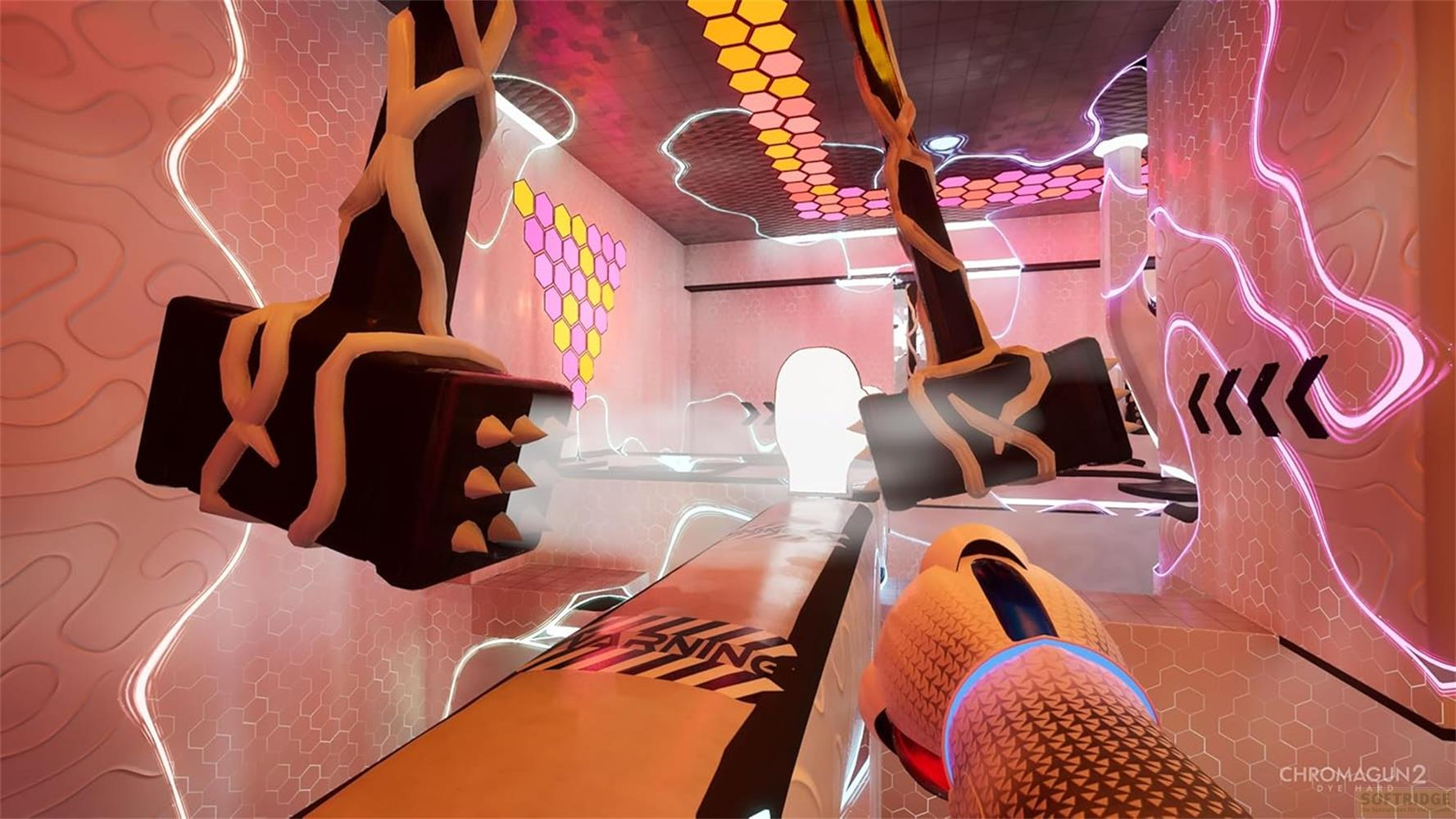 Ein futuristisches Spiel mit Hammerwaffen und Warnschildern.