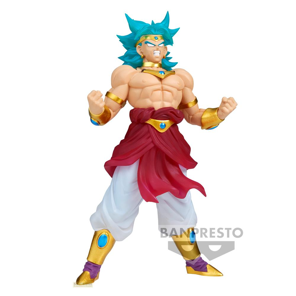Eine muskulöse Anime-Figur mit blauen Stachelhaaren, rotem Schärpe, weißer Hose und goldener Rüstung.