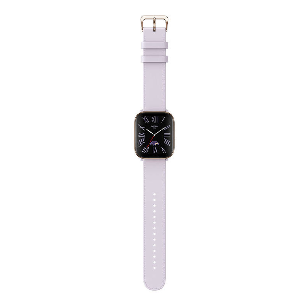 Eine lila Smartwatch mit römischen Ziffern und Mondphasen-Anzeige.