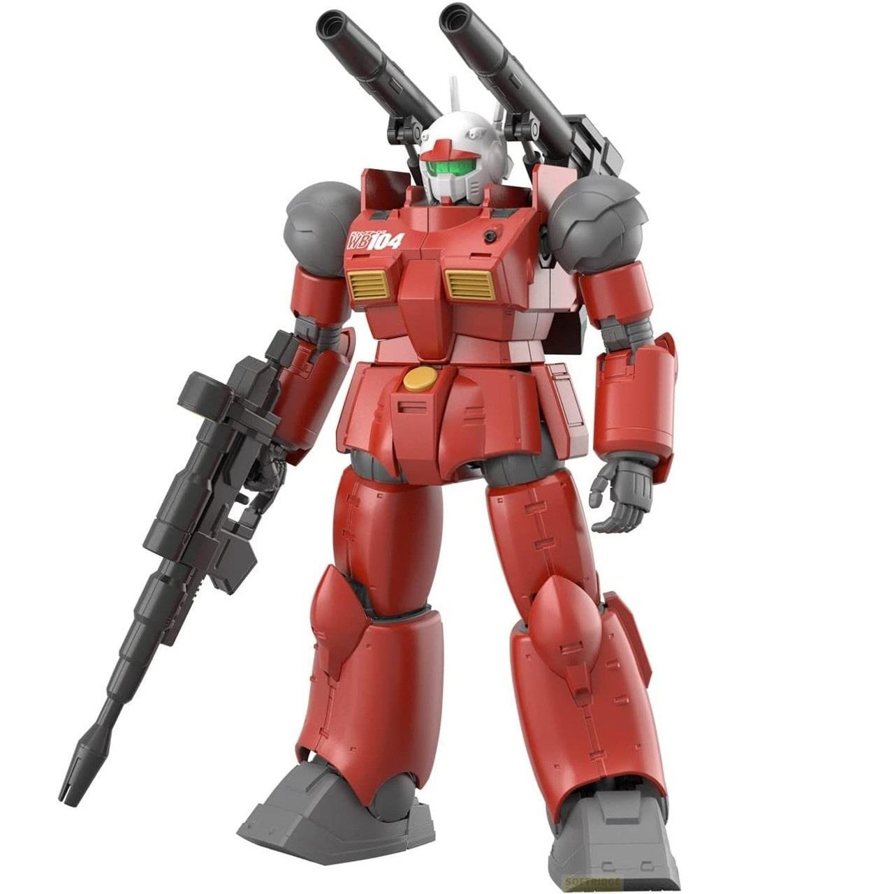 Mécha rouge avec fusil et lance-roquettes dans le dos, tête blanche.