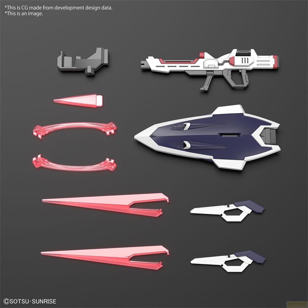 Un fusil blanc, un bouclier bleu et des pièces rouges et grises sur fond noir.
