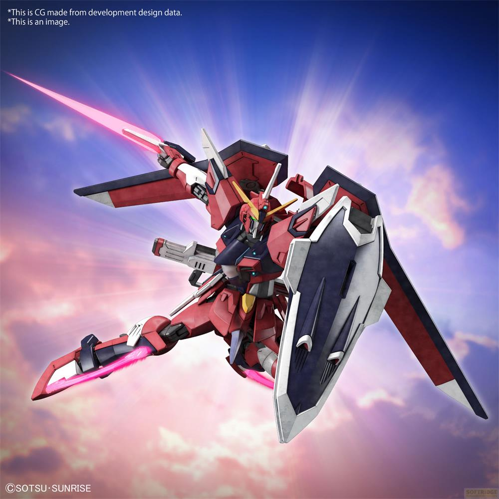 Un robot rouge et bleu avec un bouclier et un sabre laser rose vole dans le ciel.