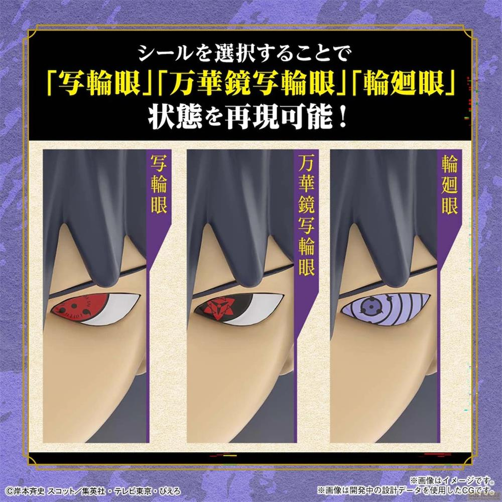 Drei Anime-Augen: Sharingan, Mangekyo Sharingan, Rinnegan. Text auf Japanisch.